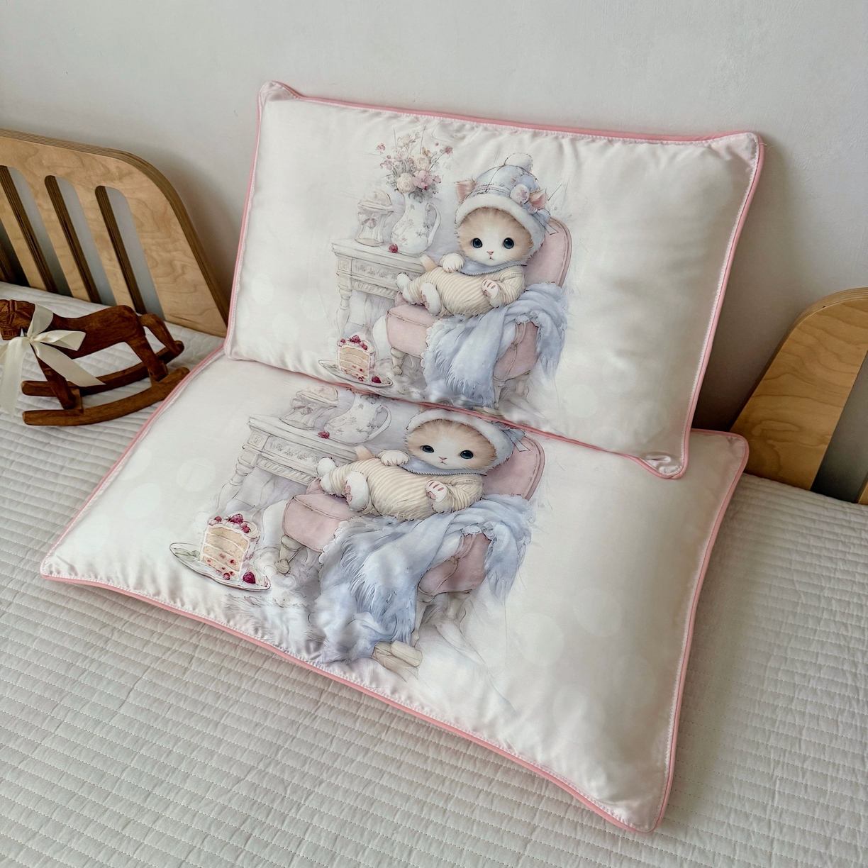 萌宝家纺 2026新款60S兰精天丝儿童枕套幼儿园枕头 淑女小猫