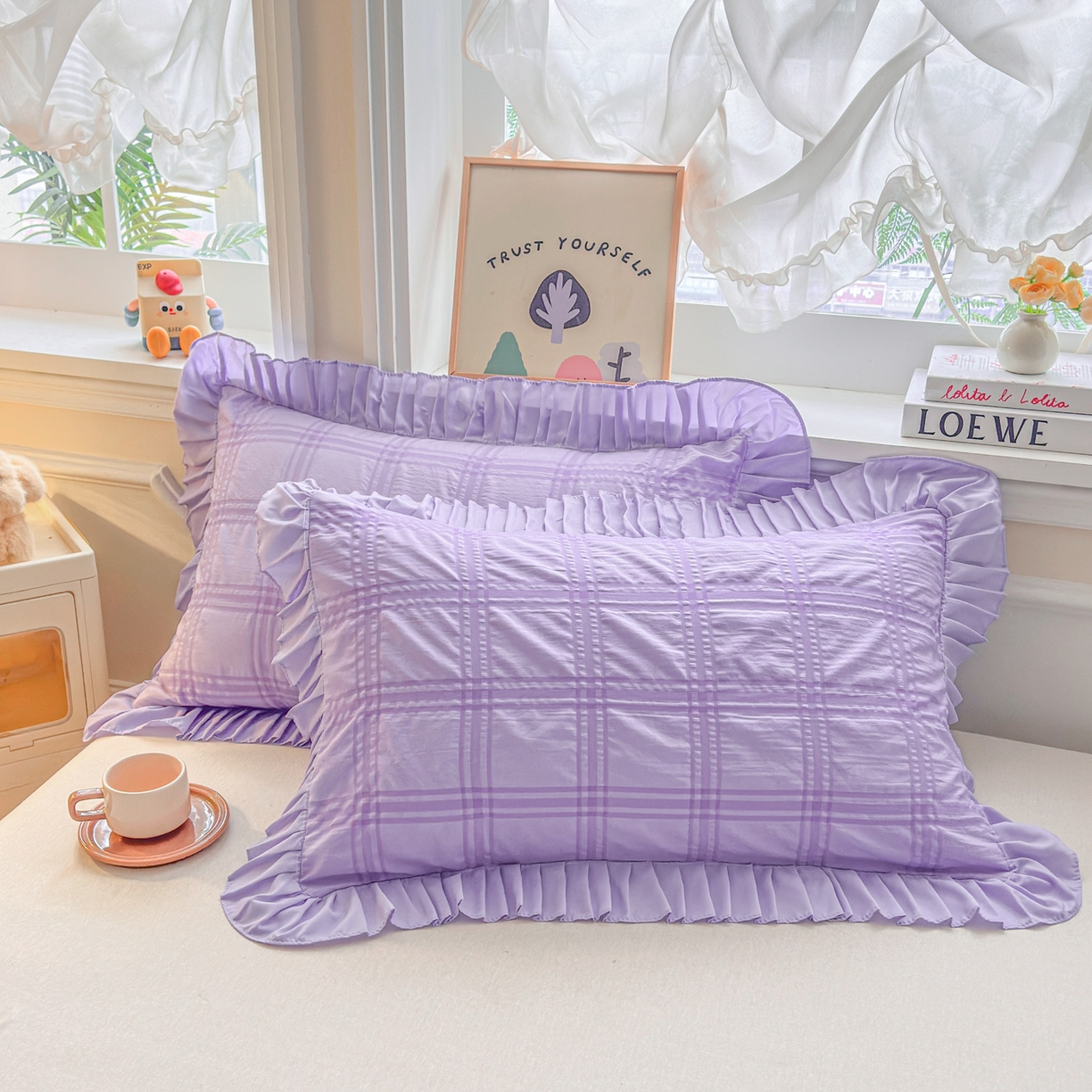 91家纺网 家纺一手货源 找家纺 衿成家纺 2026新款公主风小清新泡泡纱花边枕套 紫色