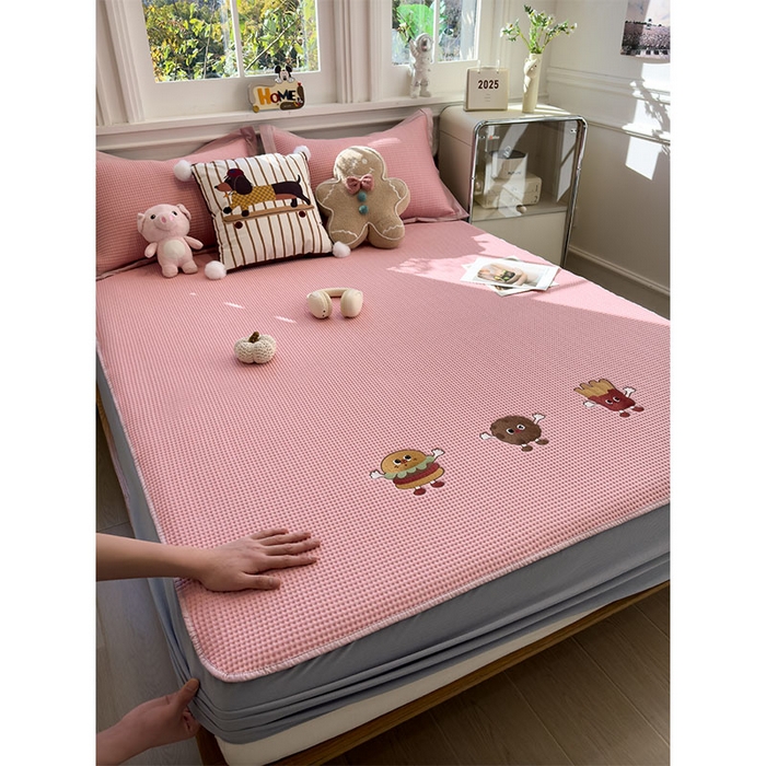 91家纺网 家纺一手货源 找家纺 宜派家纺 2026新款乙纶冰豆豆凉席卡通刺绣印花小红书爆款凉豆豆绣花床席凉感值过0.21冰丝席 可可喵派-床笠