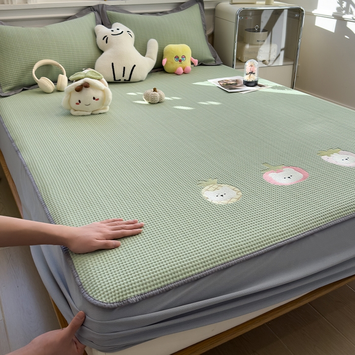 宜派家纺 2026新款乙纶冰豆豆凉席卡通刺绣印花小红书爆款凉豆豆绣花床席凉感值过0.21冰丝席 奶冻喵-果绿-床笠