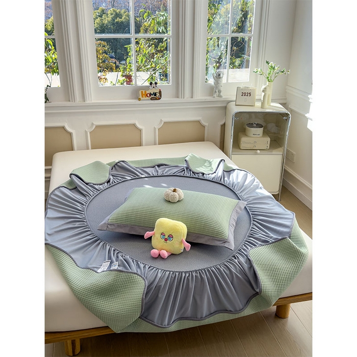 91家纺网 家纺一手货源 找家纺 宜派家纺 2026新款乙纶冰豆豆凉席卡通刺绣印花小红书爆款凉豆豆绣花床席凉感值过0.21冰丝席 奶冻喵-果绿-床笠