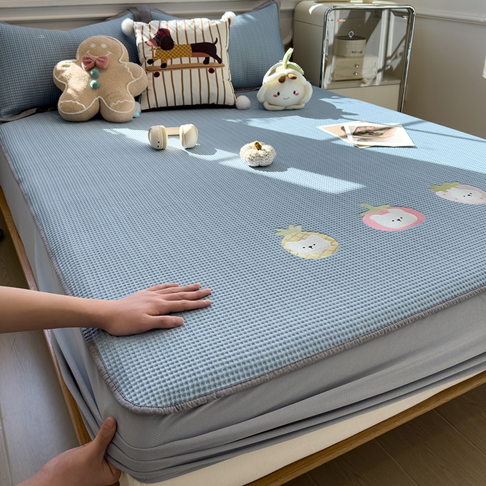 宜派家纺 2026新款乙纶冰豆豆凉席卡通刺绣印花小红书爆款凉豆豆绣花床席凉感值过0.21冰丝席 奶冻喵-蓝-床笠