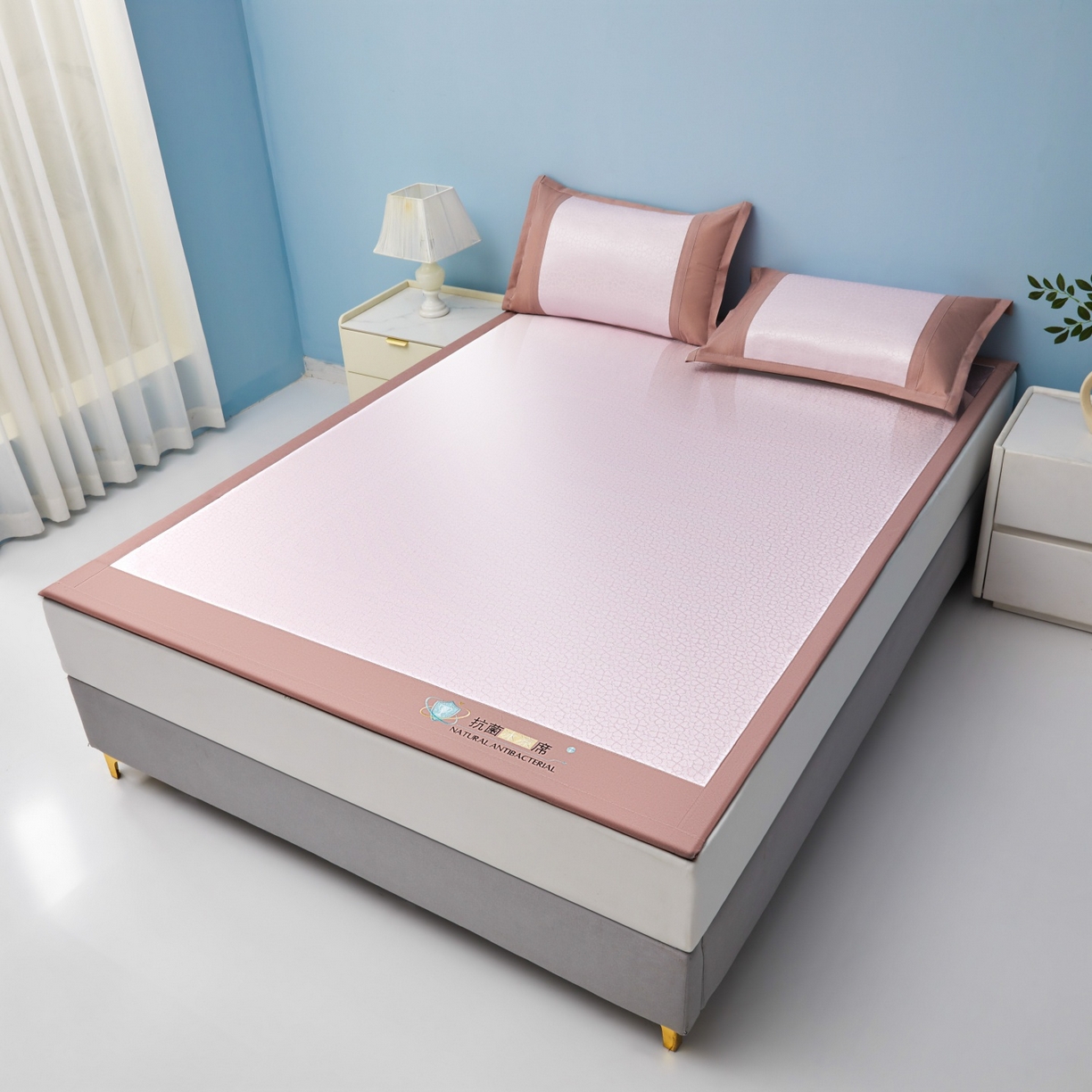 91家纺网 家纺一手货源 找家纺 航途席业 2026新款抗菌提花冰丝席-心相依 心相依-粉床席款