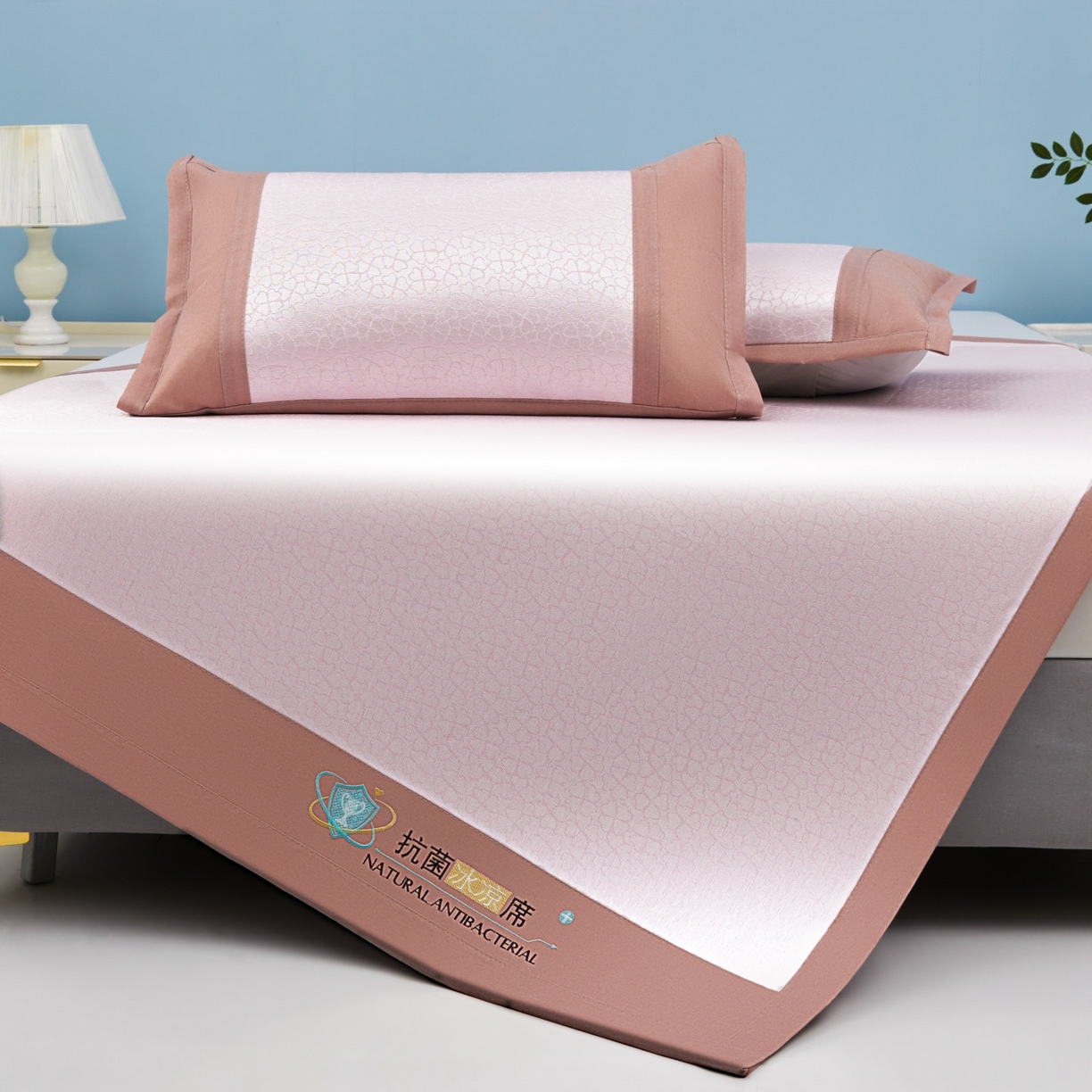 91家纺网 家纺一手货源 找家纺 航途席业 2026新款抗菌提花冰丝席-心相依 心相依-粉床席款