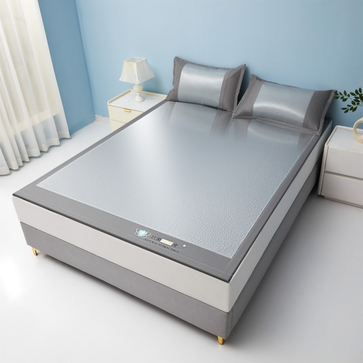 91家纺网 家纺一手货源 找家纺 航途席业 2026新款抗菌提花冰丝席-心相依 心相依-灰床席款