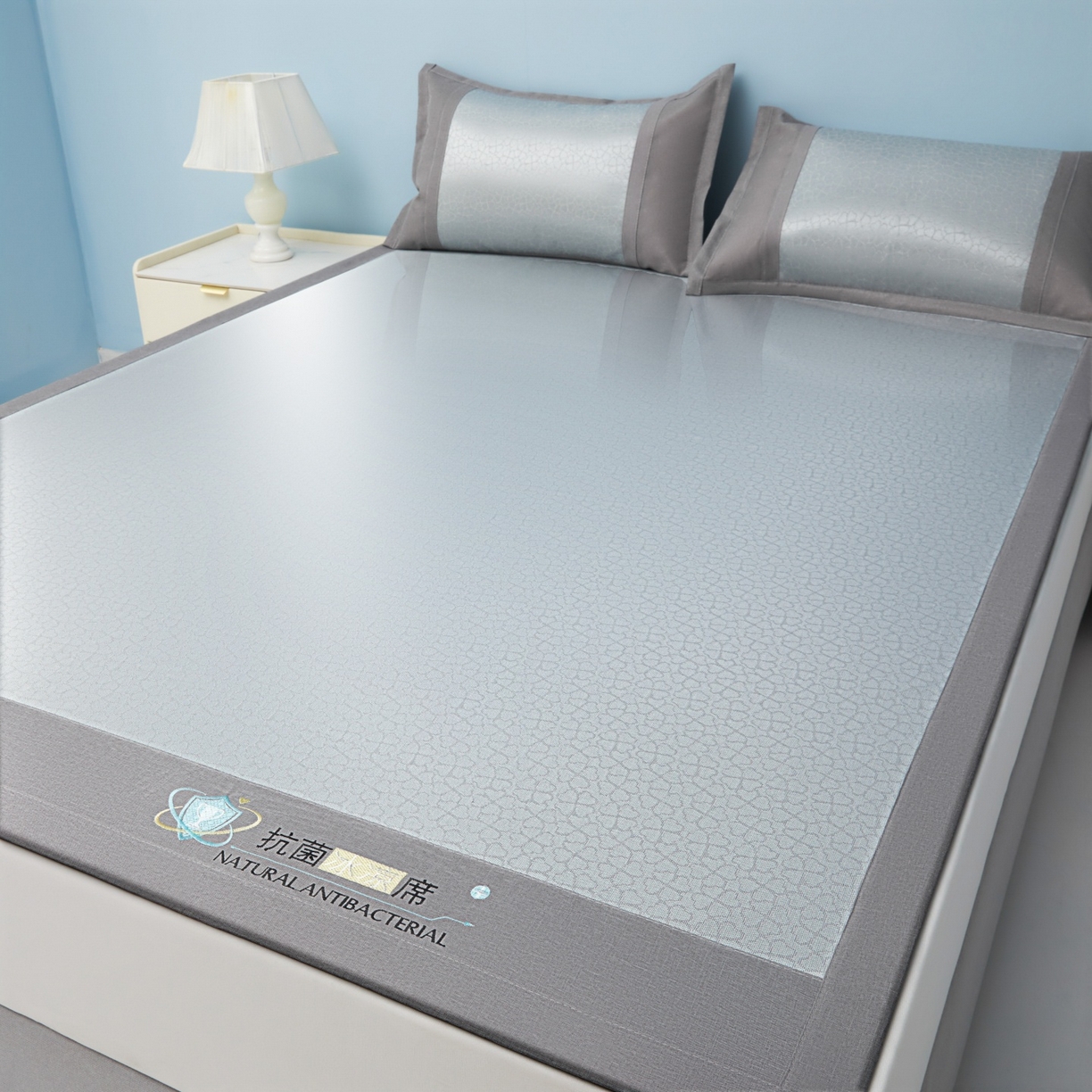 91家纺网 家纺一手货源 找家纺 航途席业 2026新款抗菌提花冰丝席-心相依 心相依-灰床席款