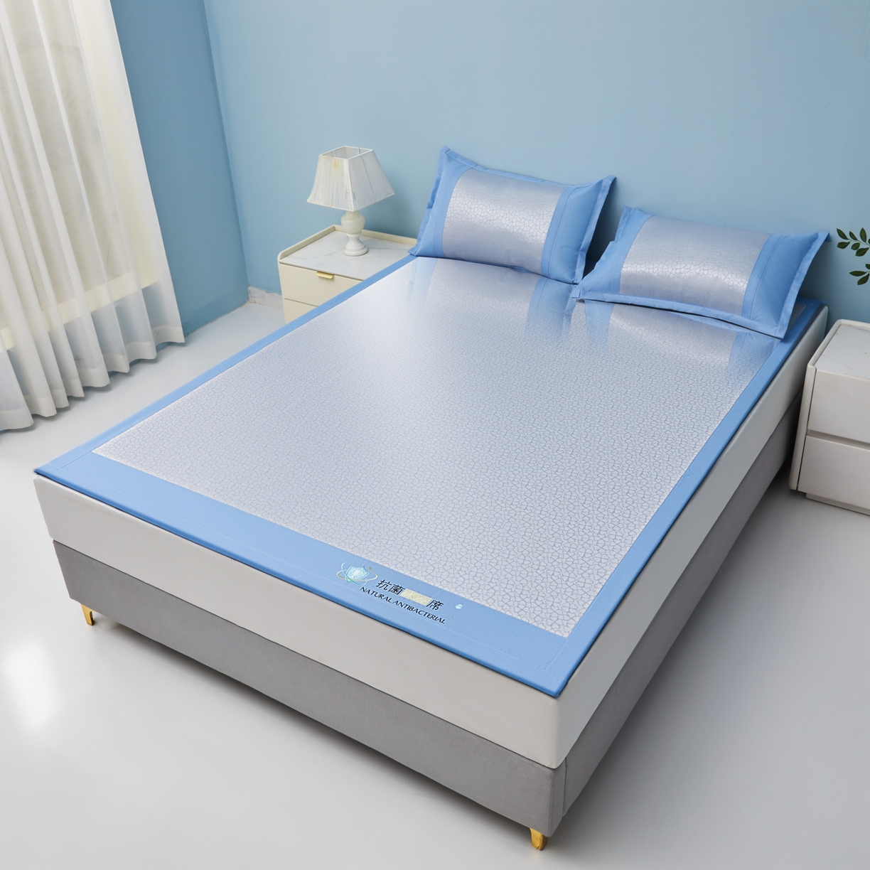 91家纺网 家纺一手货源 找家纺 航途席业 2026新款抗菌提花冰丝席-心相依 心相依-蓝床席款