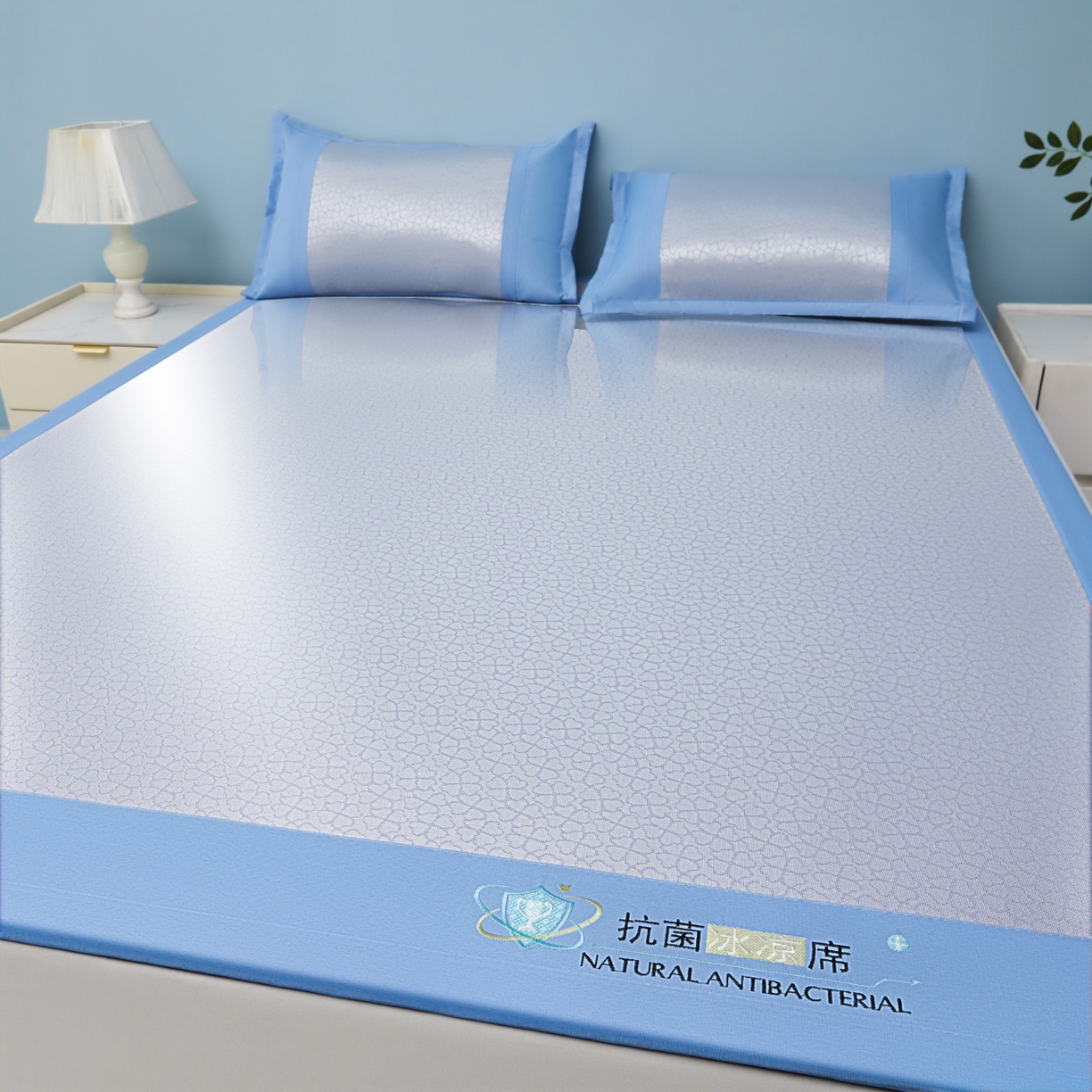 91家纺网 家纺一手货源 找家纺 航途席业 2026新款抗菌提花冰丝席-心相依 心相依-蓝床席款