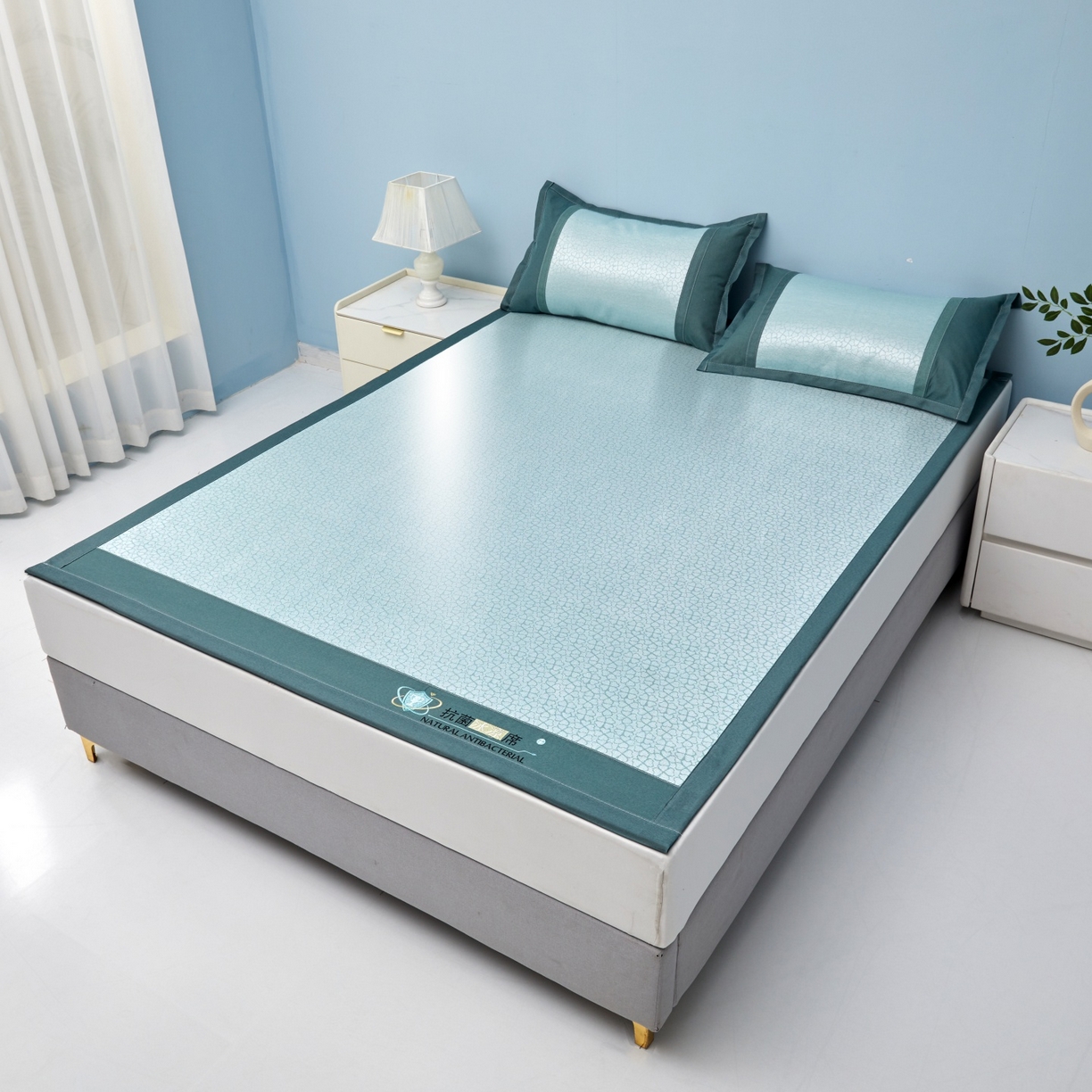 91家纺网 家纺一手货源 找家纺 航途席业 2026新款抗菌提花冰丝席-心相依 心相依-绿床席款