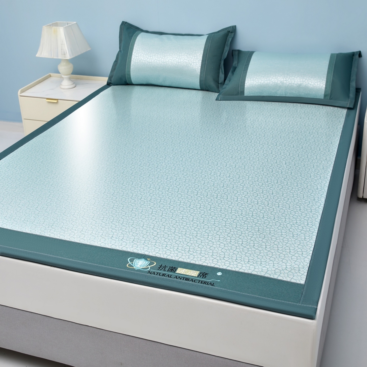 91家纺网 家纺一手货源 找家纺 航途席业 2026新款抗菌提花冰丝席-心相依 心相依-绿床席款