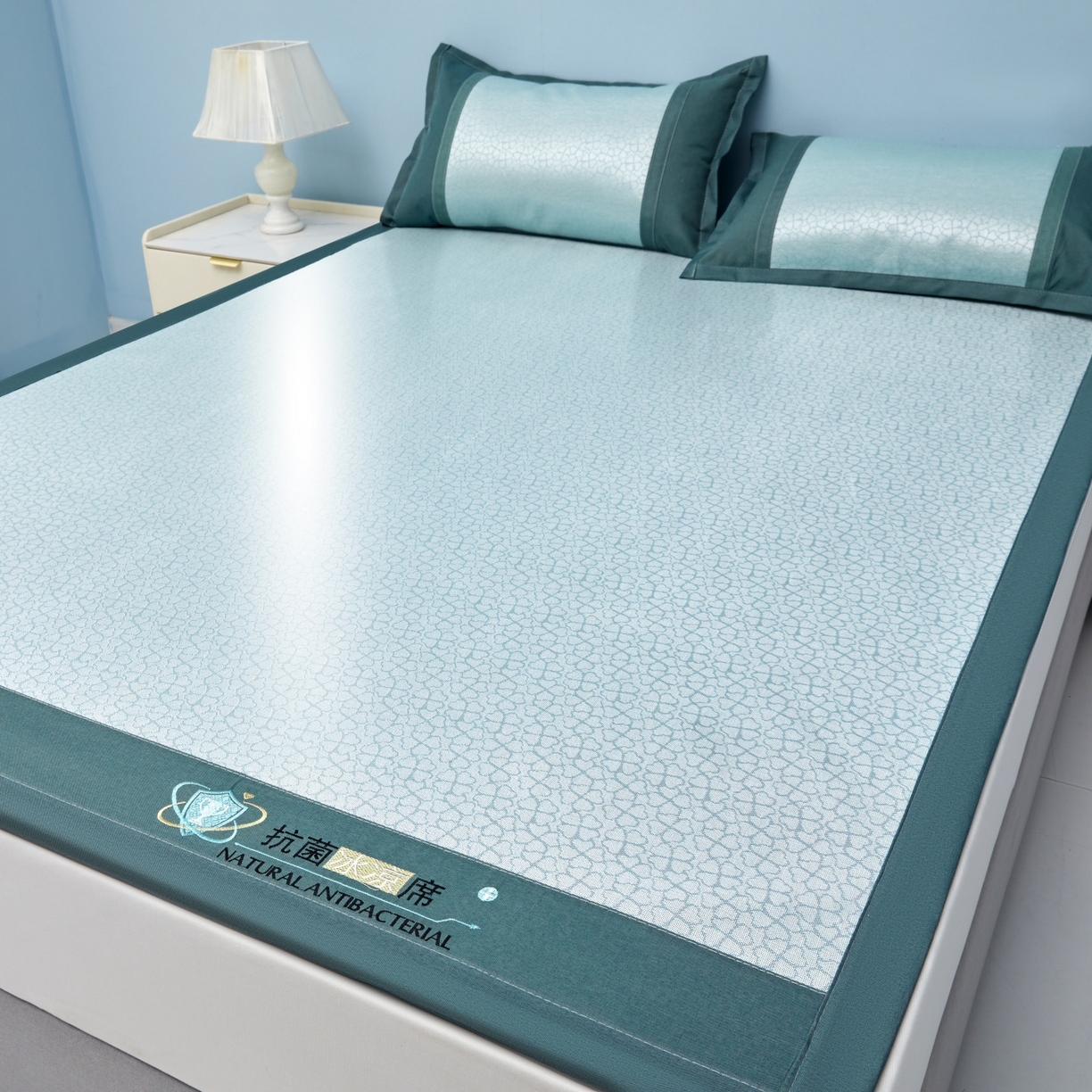 91家纺网 家纺一手货源 找家纺 航途席业 2026新款抗菌提花冰丝席-心相依 心相依-绿床席款