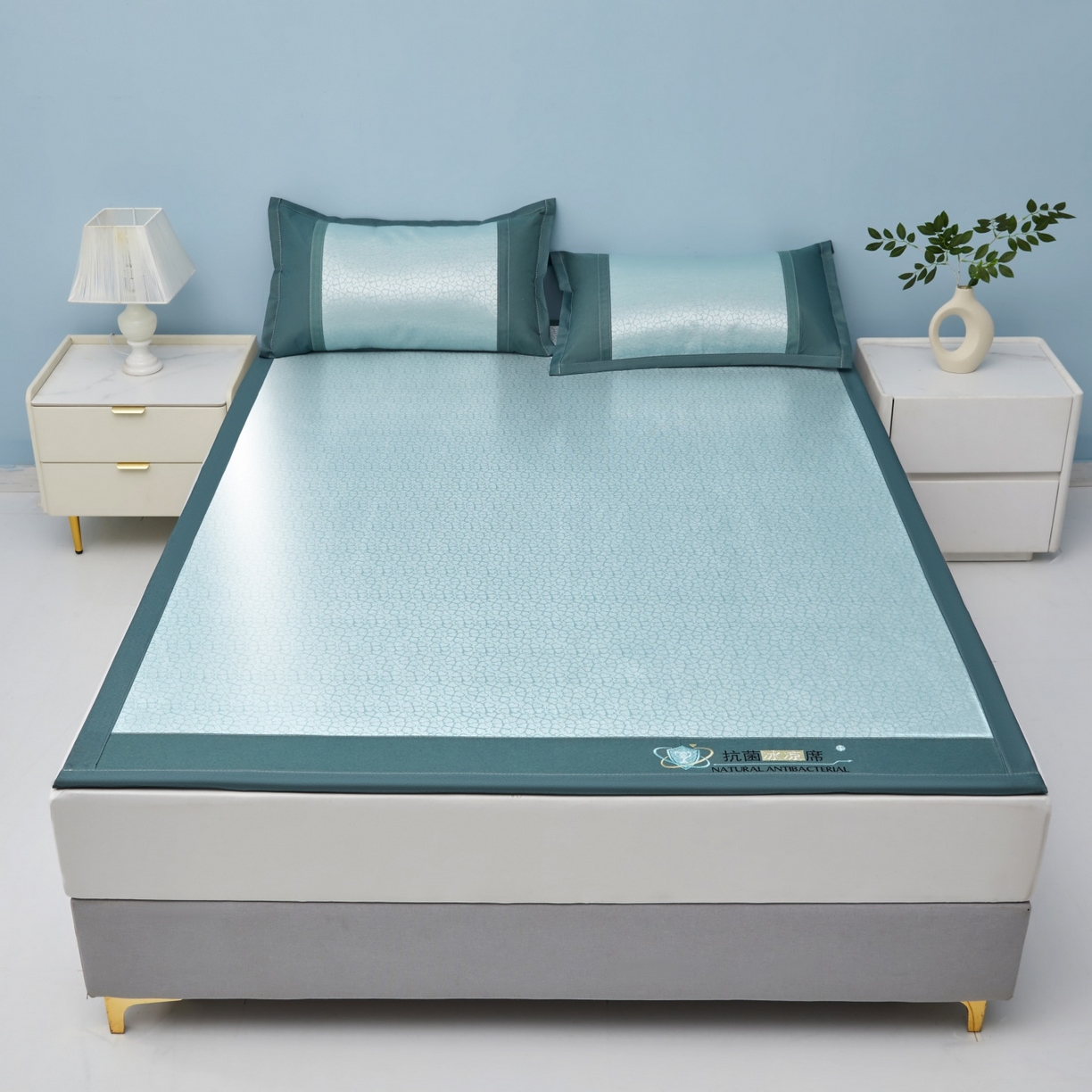 91家纺网 家纺一手货源 找家纺 航途席业 2026新款抗菌提花冰丝席-心相依 心相依-绿床席款