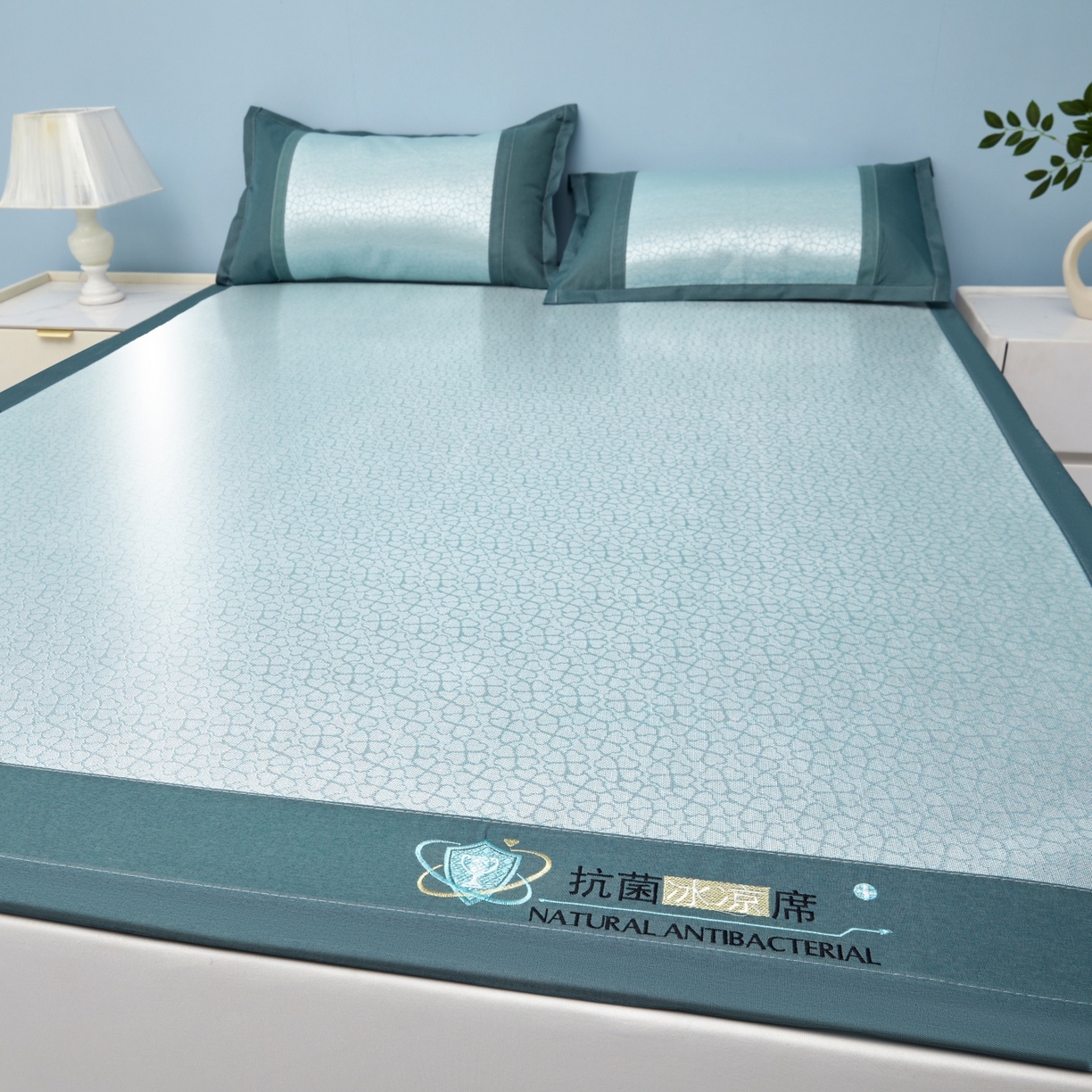 91家纺网 家纺一手货源 找家纺 航途席业 2026新款抗菌提花冰丝席-心相依 心相依-绿床席款