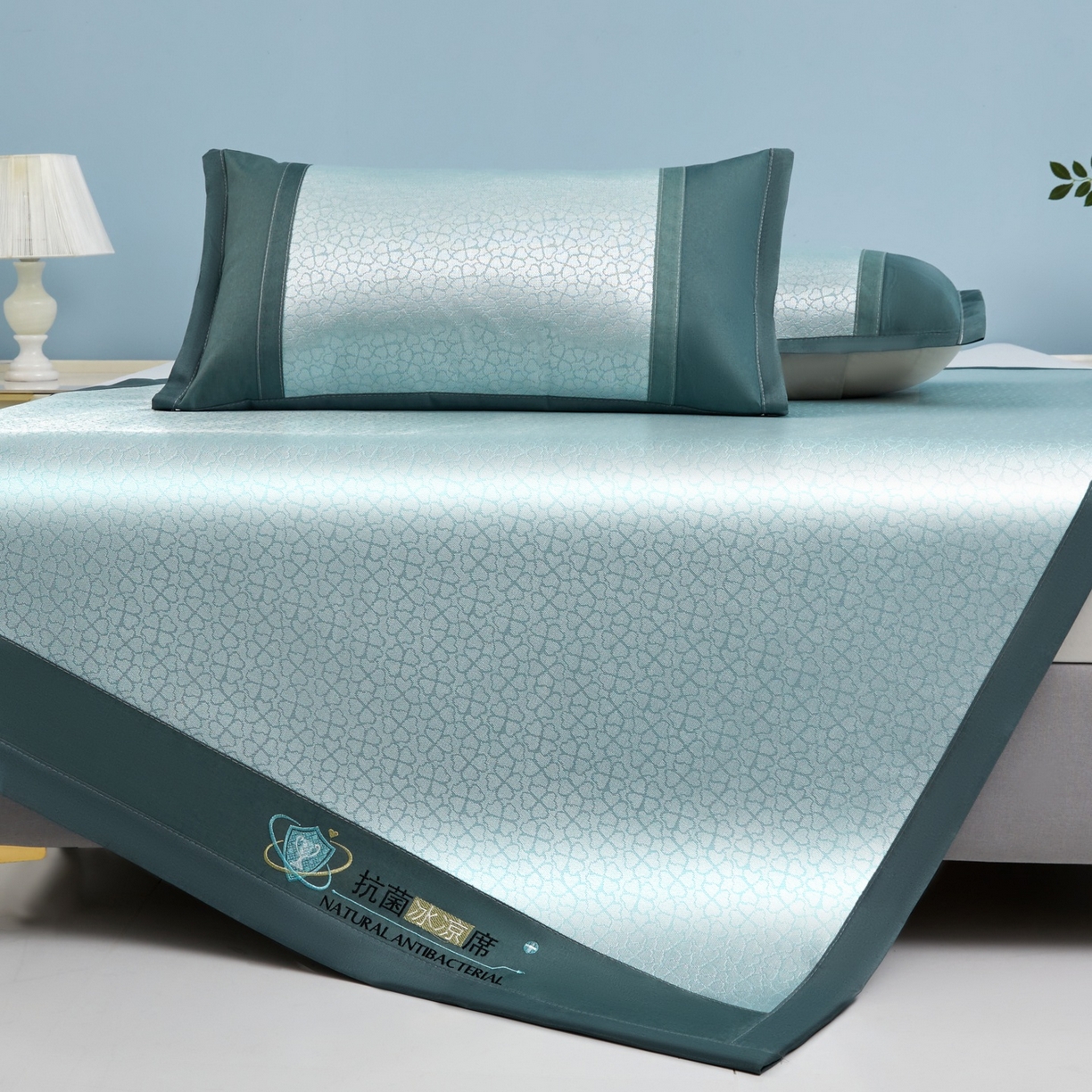 91家纺网 家纺一手货源 找家纺 航途席业 2026新款抗菌提花冰丝席-心相依 心相依-绿床席款