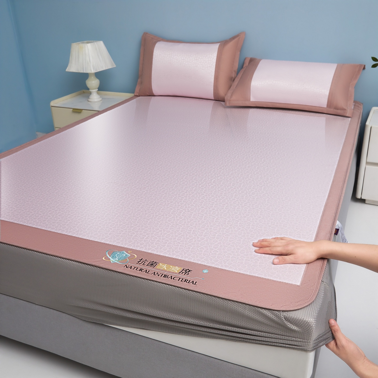 航途席业 2026新款抗菌提花冰丝席-心相依 心相依-粉床笠款