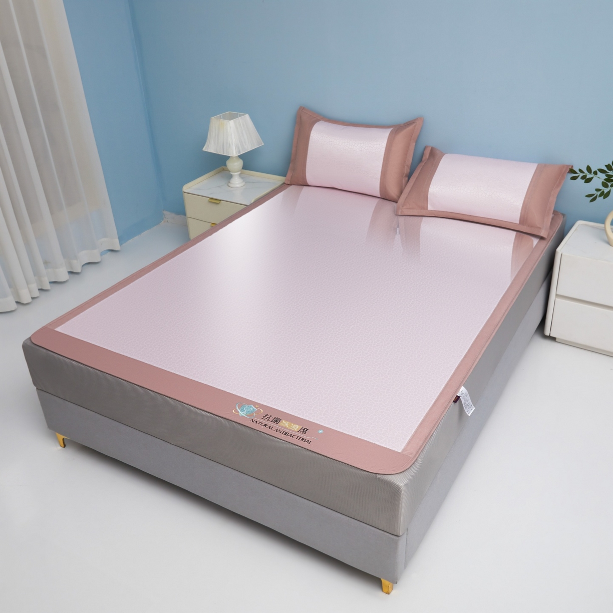 91家纺网 家纺一手货源 找家纺 航途席业 2026新款抗菌提花冰丝席-心相依 心相依-粉床笠款