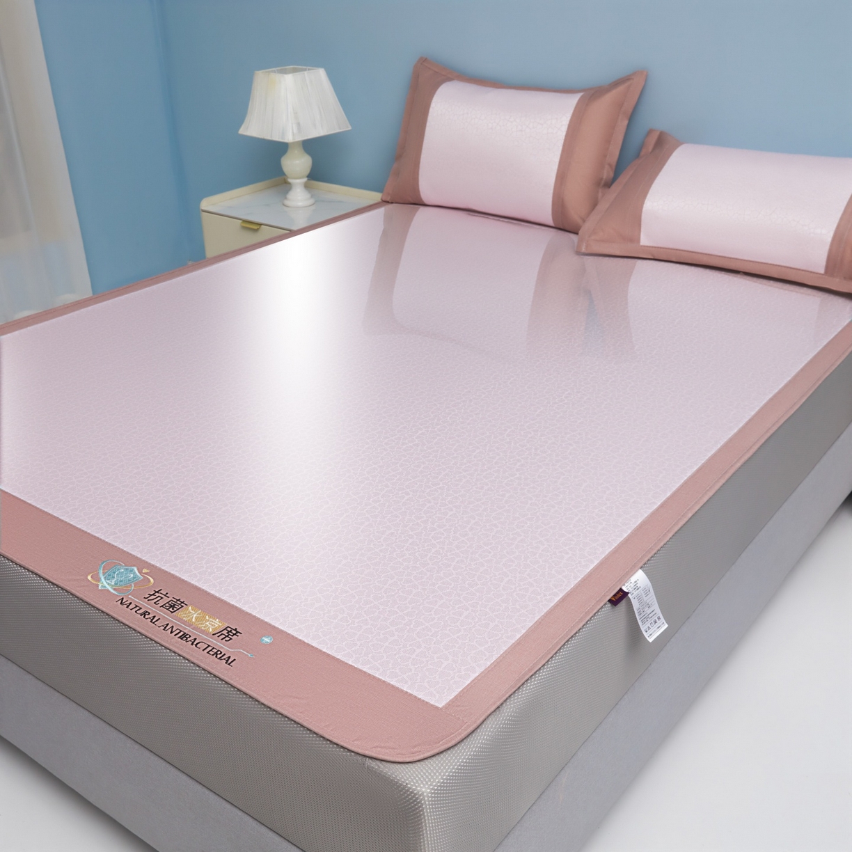 91家纺网 家纺一手货源 找家纺 航途席业 2026新款抗菌提花冰丝席-心相依 心相依-粉床笠款