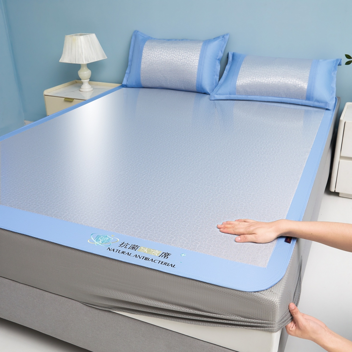 航途席业 2026新款抗菌提花冰丝席-心相依 心相依-蓝床笠款