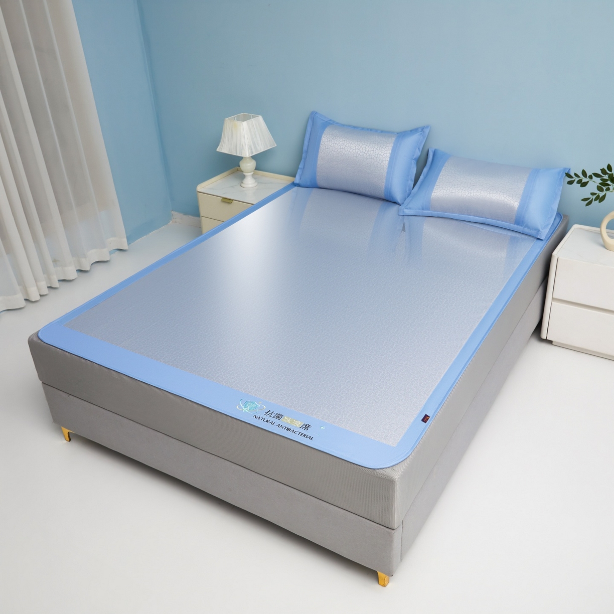 91家纺网 家纺一手货源 找家纺 航途席业 2026新款抗菌提花冰丝席-心相依 心相依-蓝床笠款