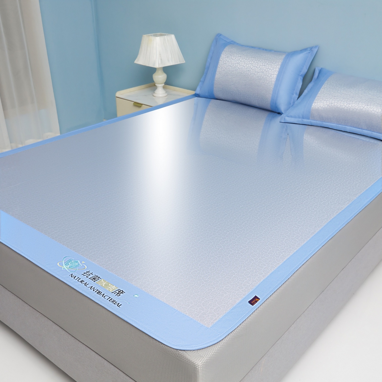 91家纺网 家纺一手货源 找家纺 航途席业 2026新款抗菌提花冰丝席-心相依 心相依-蓝床笠款