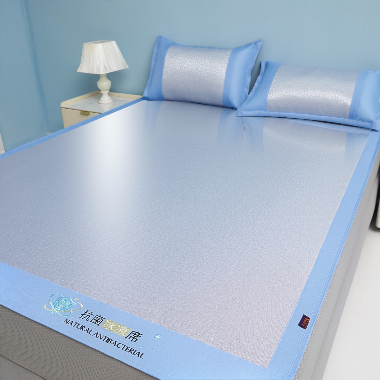 91家纺网 家纺一手货源 找家纺 航途席业 2026新款抗菌提花冰丝席-心相依 心相依-蓝床笠款