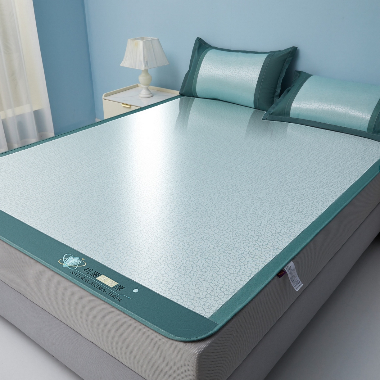 91家纺网 家纺一手货源 找家纺 航途席业 2026新款抗菌提花冰丝席-心相依 心相依-绿床笠款