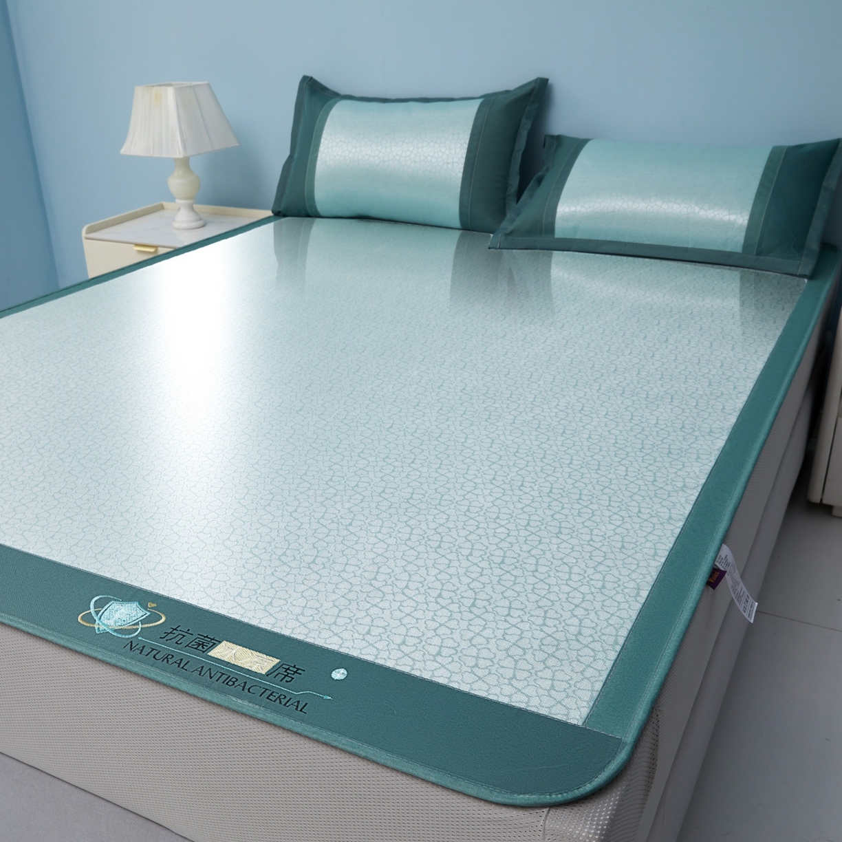 91家纺网 家纺一手货源 找家纺 航途席业 2026新款抗菌提花冰丝席-心相依 心相依-绿床笠款