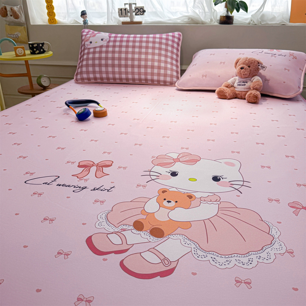 91家纺网 家纺一手货源 找家纺 雯豆家纺 【10A抗菌包检测】2026新款小冰皮卡通大版冰丝软席子凉席三件套凉感平铺款 小冰皮凉席-淑女猫