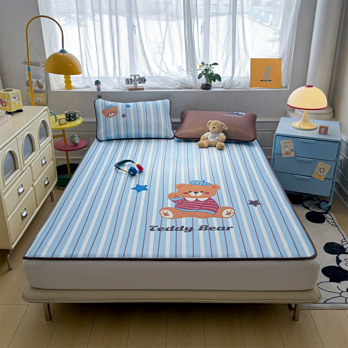 91家纺网 家纺一手货源 找家纺 雯豆家纺 【10A抗菌包检测】2026新款小冰皮卡通大版冰丝软席子凉席三件套凉感平铺款 小冰皮凉席-泰迪熊