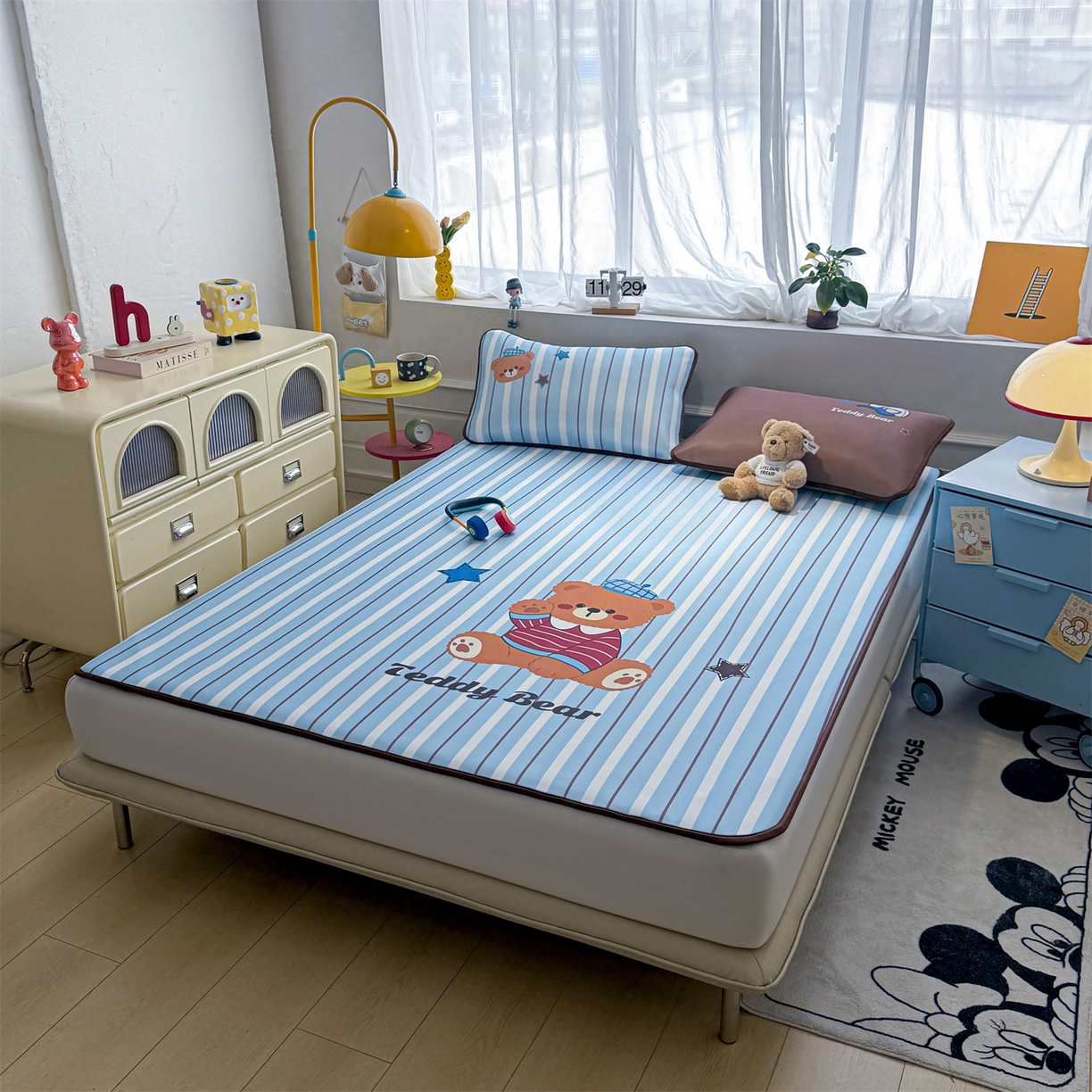 91家纺网 家纺一手货源 找家纺 雯豆家纺 【10A抗菌包检测】2026新款小冰皮卡通大版冰丝软席子凉席三件套凉感平铺款 小冰皮凉席-泰迪熊