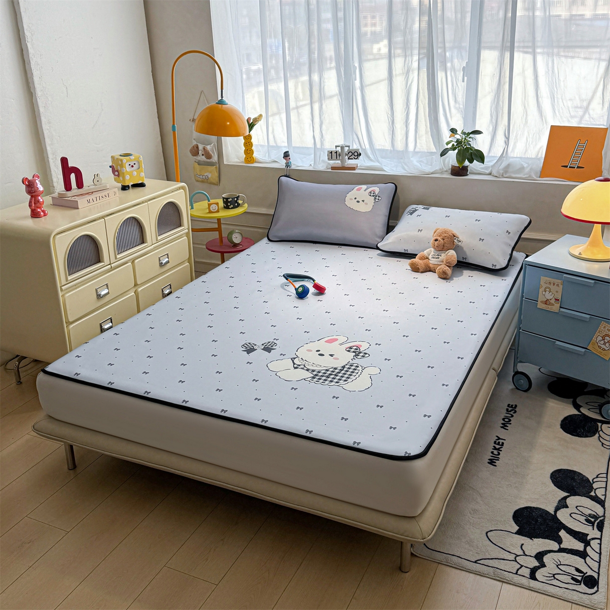 91家纺网 家纺一手货源 找家纺 雯豆家纺 【10A抗菌包检测】2026新款小冰皮卡通大版冰丝软席子凉席三件套凉感平铺款 小冰皮凉席-香香兔