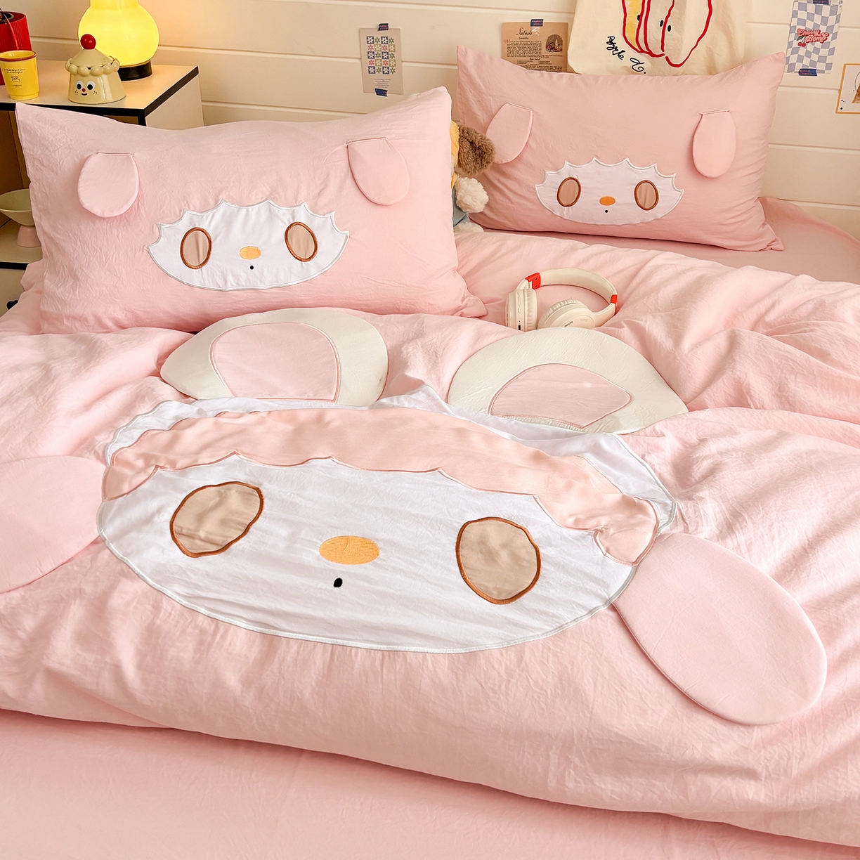 色鬼布艺高端家居主号 2026新款韩国设计师款仿古棉可爱毛巾绣四件套 兔兔女孩