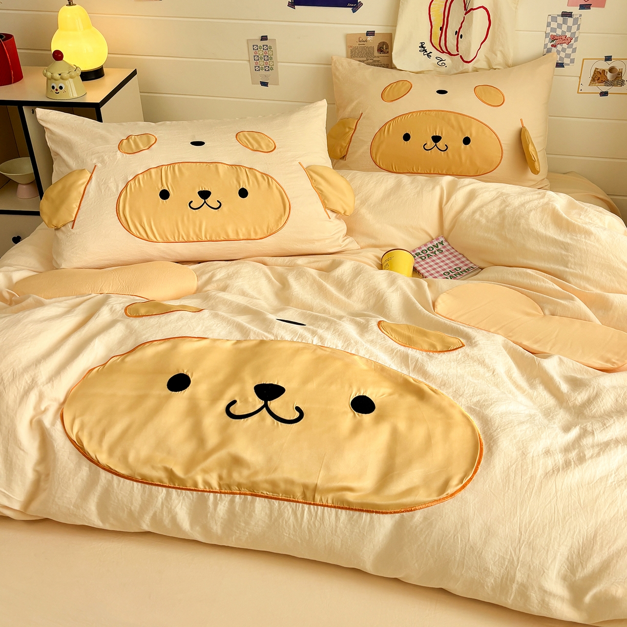 色鬼布艺高端家居主号 2026新款韩国设计师款仿古棉可爱毛巾绣四件套 快乐狗狗-黄