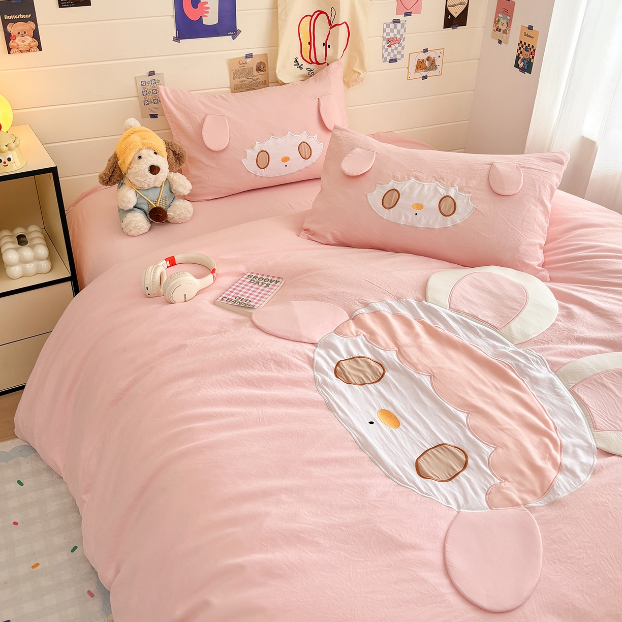 91家纺网 家纺一手货源 找家纺 色鬼布艺高端家居主号 2026新款韩国设计师款仿古棉可爱毛巾绣四件套 兔兔女孩