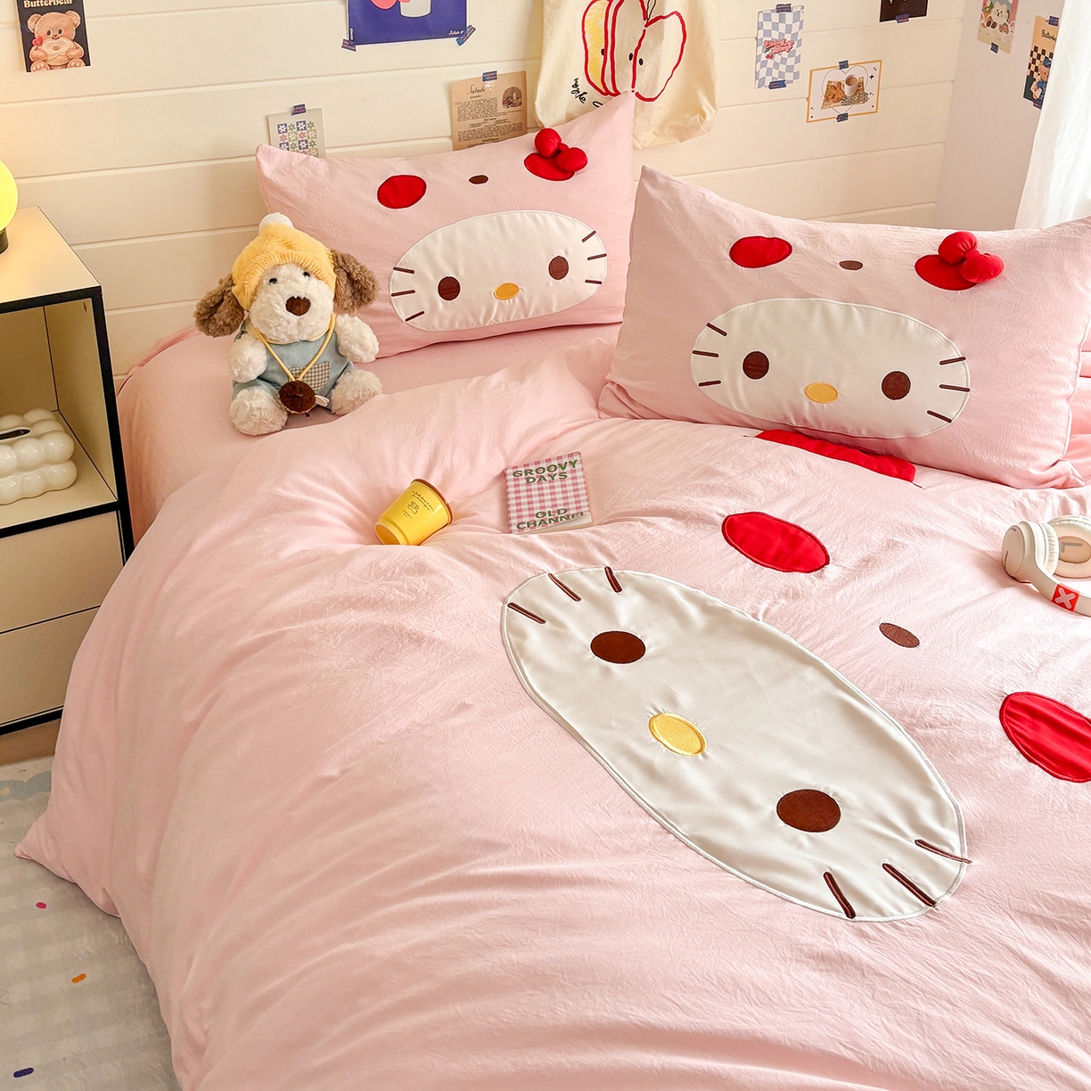 91家纺网 家纺一手货源 找家纺 色鬼布艺高端家居主号 2026新款韩国设计师款仿古棉可爱毛巾绣四件套 萌萌猫咪-粉