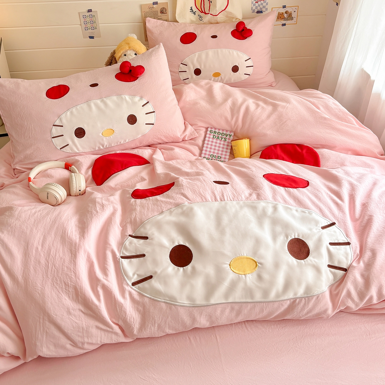 91家纺网 家纺一手货源 找家纺 色鬼布艺高端家居主号 2026新款韩国设计师款仿古棉可爱毛巾绣四件套 萌萌猫咪-粉