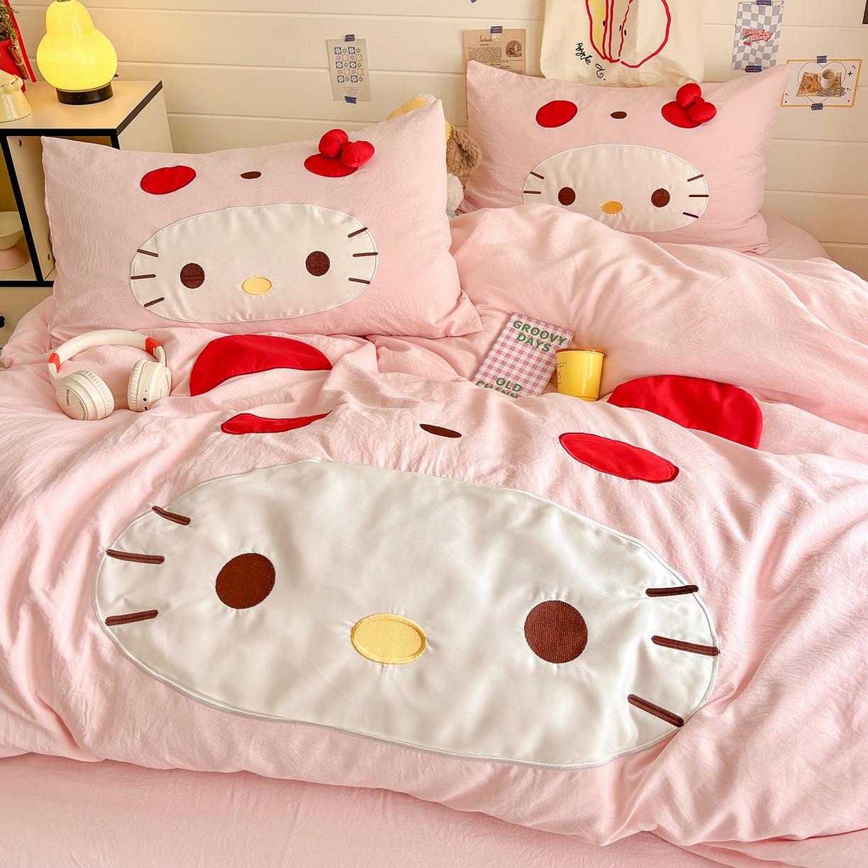 色鬼布艺高端家居主号 2026新款韩国设计师款仿古棉可爱毛巾绣四件套 萌萌猫咪-粉