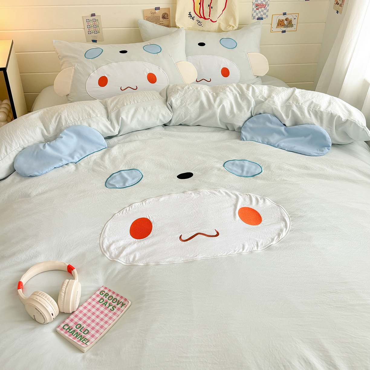 91家纺网 家纺一手货源 找家纺 色鬼布艺高端家居主号 2026新款韩国设计师款仿古棉可爱毛巾绣四件套 快乐狗狗-蓝