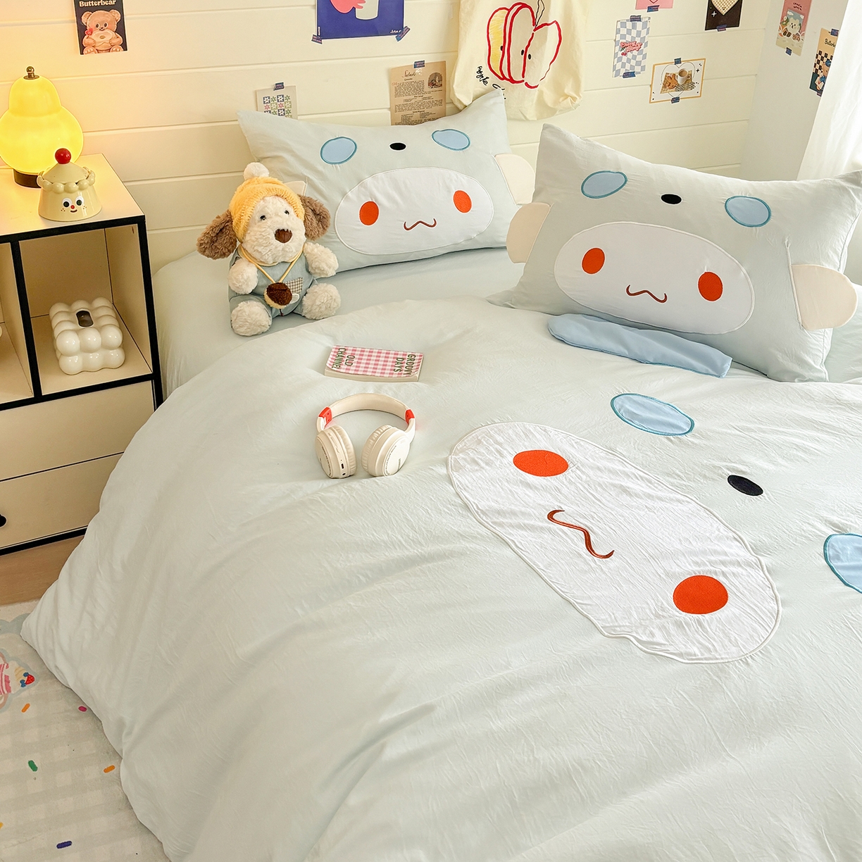 91家纺网 家纺一手货源 找家纺 色鬼布艺高端家居主号 2026新款韩国设计师款仿古棉可爱毛巾绣四件套 快乐狗狗-蓝