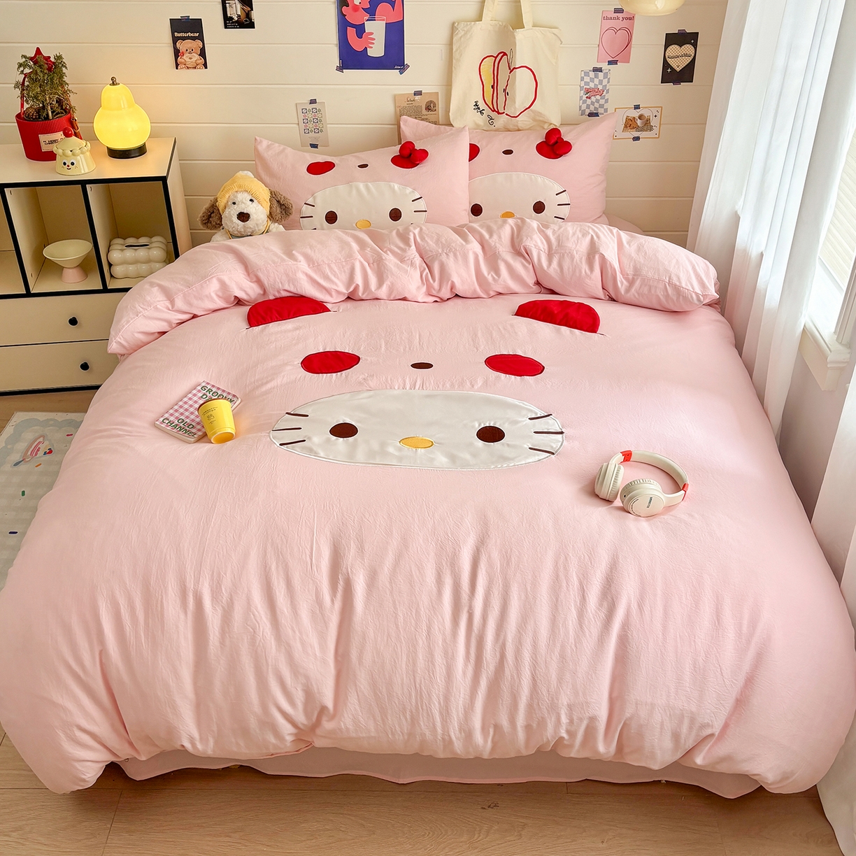 91家纺网 家纺一手货源 找家纺 色鬼布艺高端家居主号 2026新款韩国设计师款仿古棉可爱毛巾绣四件套 萌萌猫咪-粉