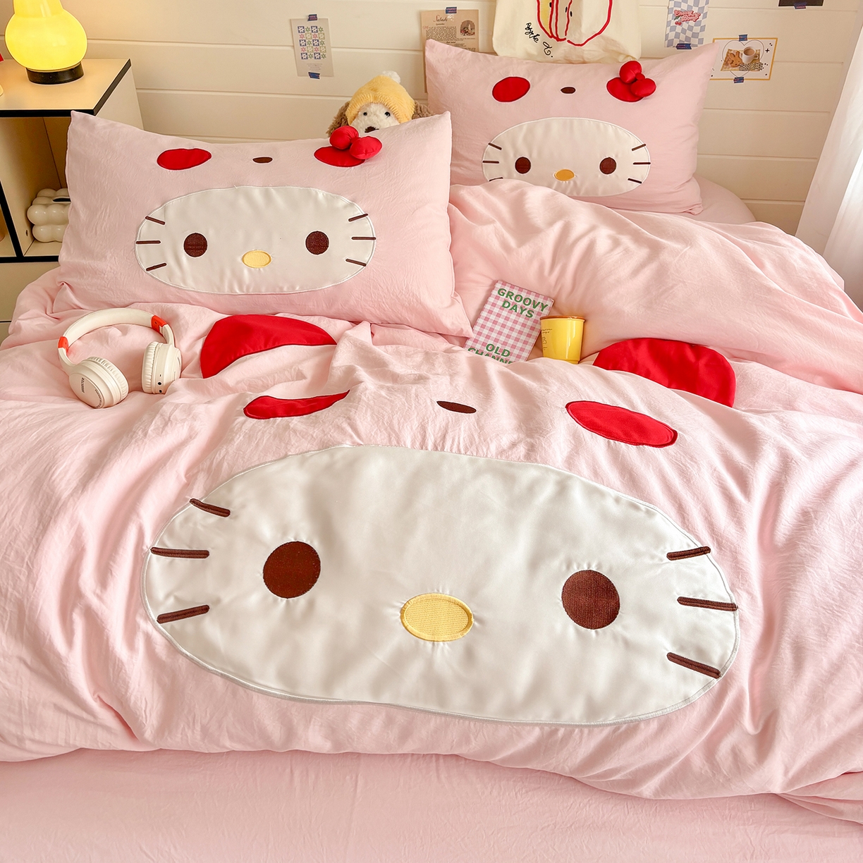 91家纺网 家纺一手货源 找家纺 色鬼布艺高端家居主号 2026新款韩国设计师款仿古棉可爱毛巾绣四件套 萌萌猫咪-粉