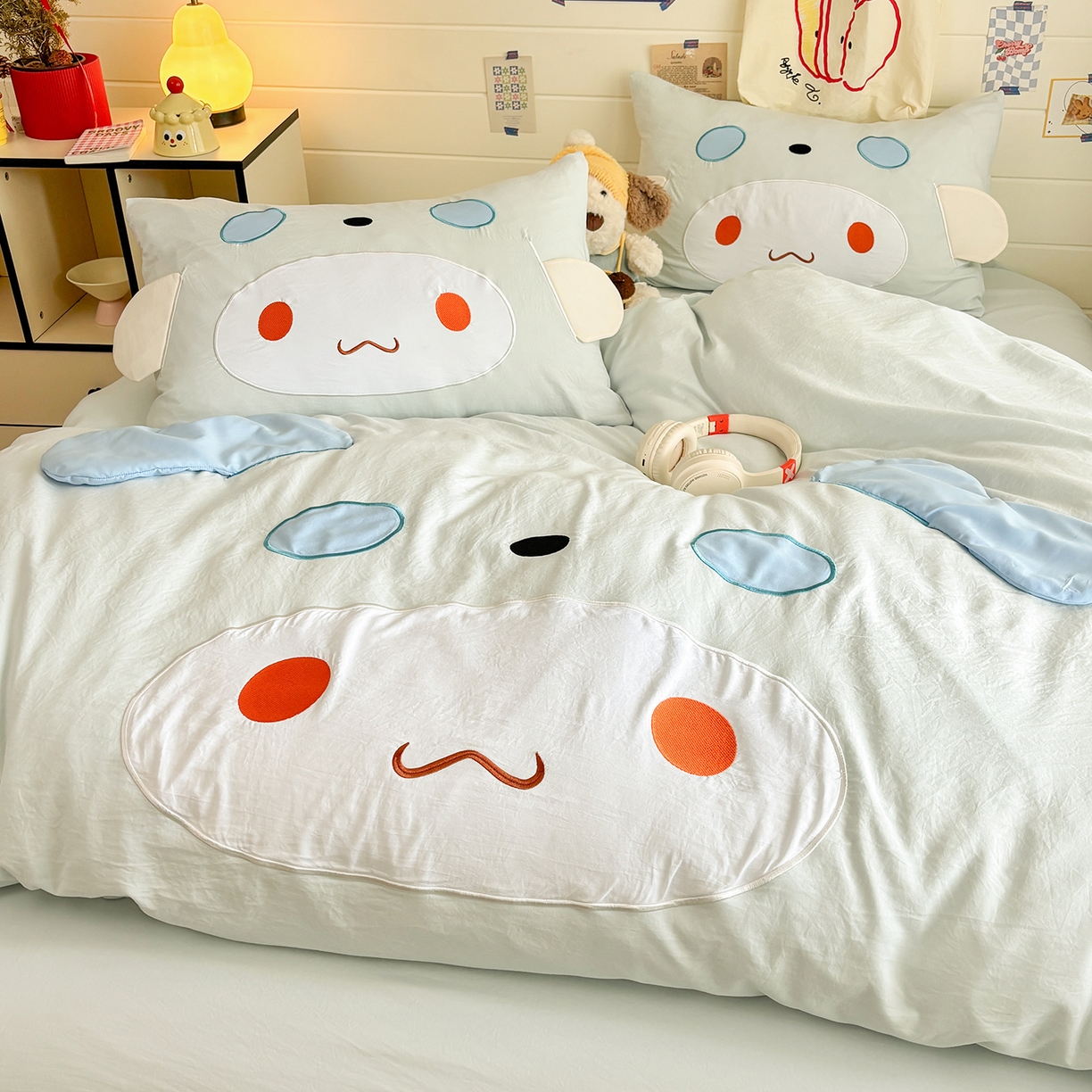 色鬼布艺高端家居主号 2026新款韩国设计师款仿古棉可爱毛巾绣四件套 快乐狗狗-蓝