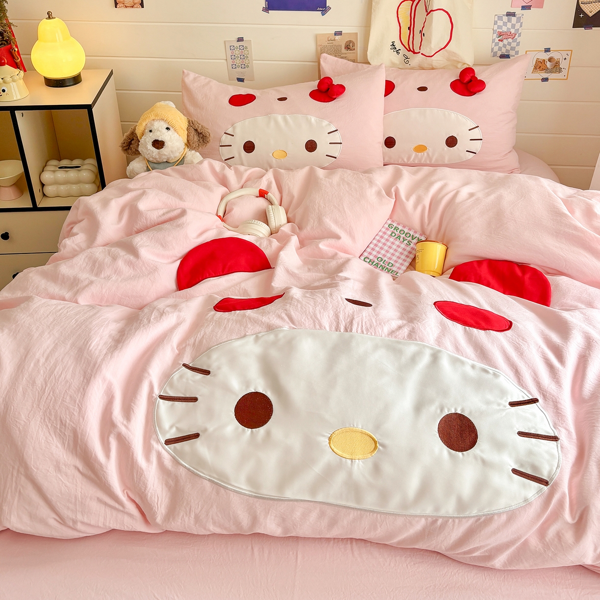 91家纺网 家纺一手货源 找家纺 色鬼布艺高端家居主号 2026新款韩国设计师款仿古棉可爱毛巾绣四件套 萌萌猫咪-粉