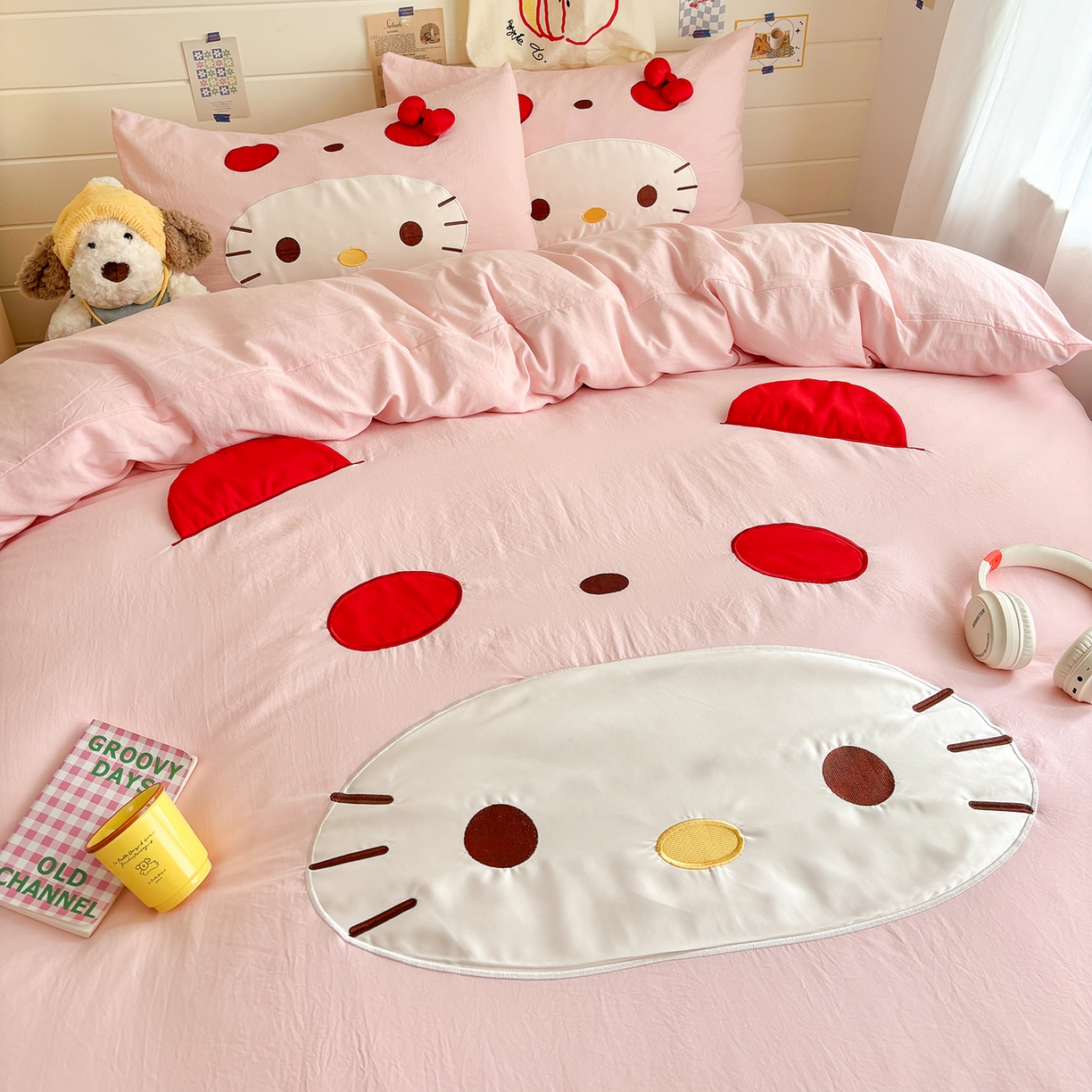 91家纺网 家纺一手货源 找家纺 色鬼布艺高端家居主号 2026新款韩国设计师款仿古棉可爱毛巾绣四件套 萌萌猫咪-粉