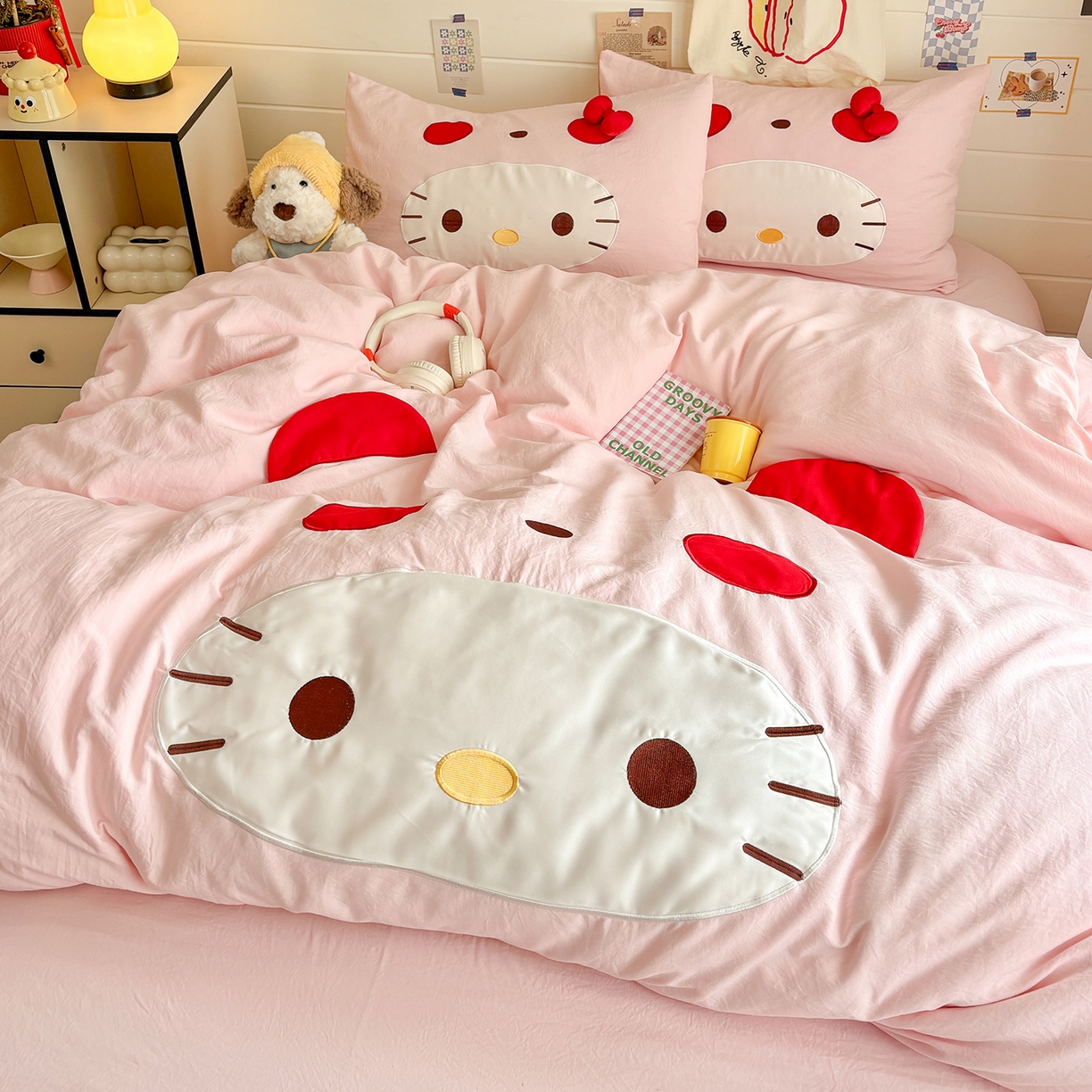 91家纺网 家纺一手货源 找家纺 色鬼布艺高端家居主号 2026新款韩国设计师款仿古棉可爱毛巾绣四件套 萌萌猫咪-粉