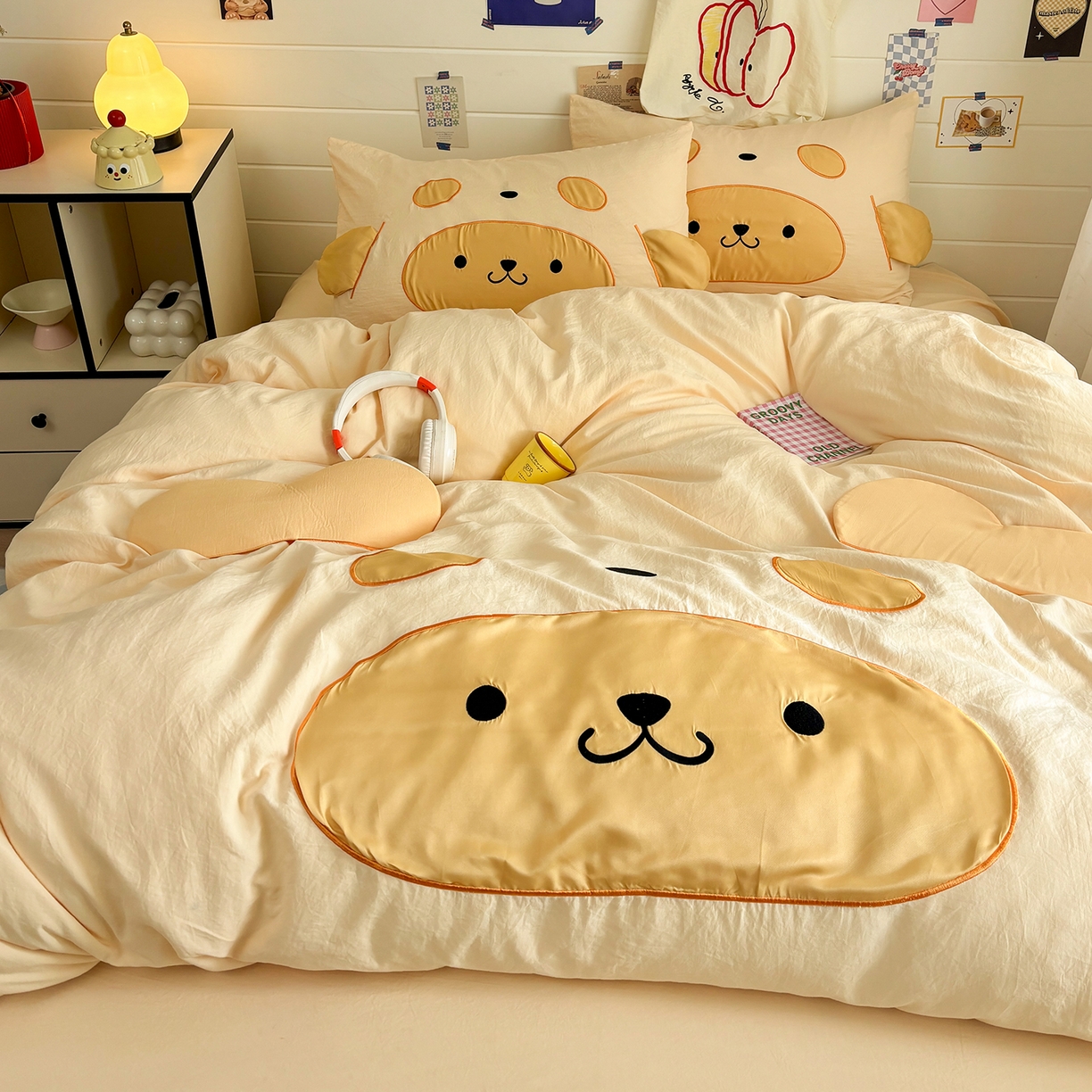 91家纺网 家纺一手货源 找家纺 色鬼布艺高端家居主号 2026新款韩国设计师款仿古棉可爱毛巾绣四件套 快乐狗狗-黄