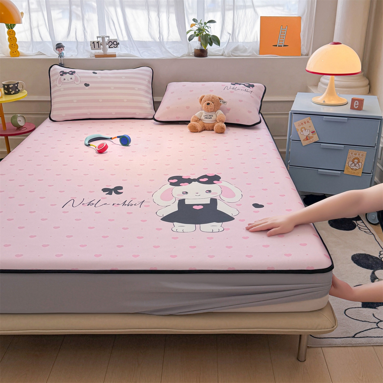 91家纺网 家纺一手货源 找家纺 雯豆家纺 【10A抗菌包检测】2026新款小冰皮床笠大版卡通床笠夏季凉感床笠软席子 小冰皮床笠-安妮兔