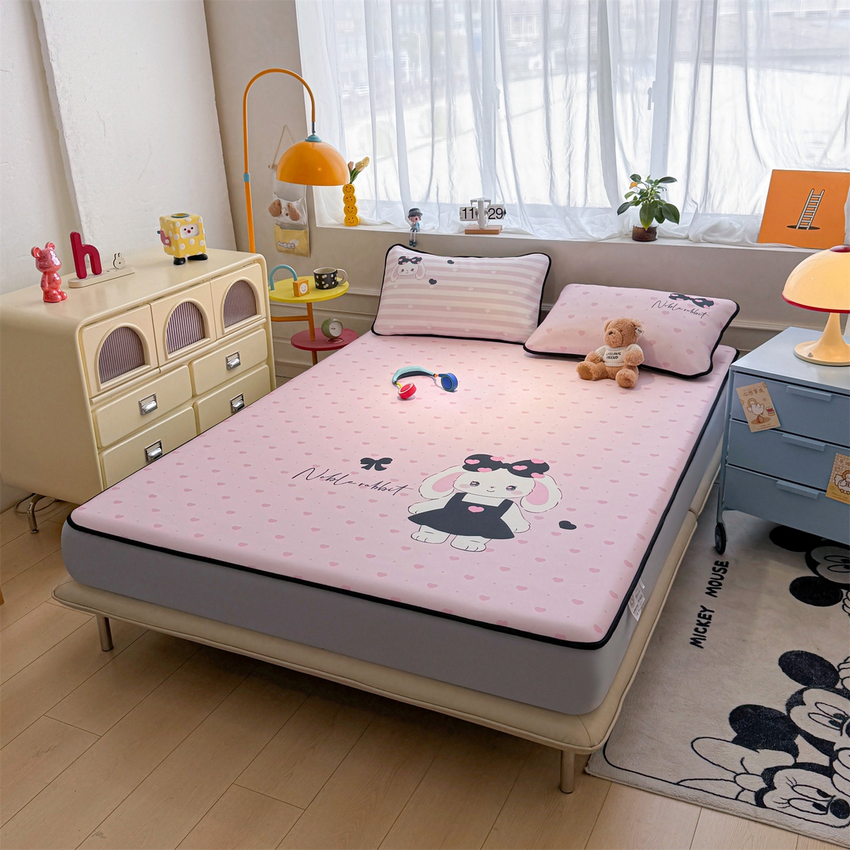 91家纺网 家纺一手货源 找家纺 雯豆家纺 【10A抗菌包检测】2026新款小冰皮床笠大版卡通床笠夏季凉感床笠软席子 小冰皮床笠-安妮兔