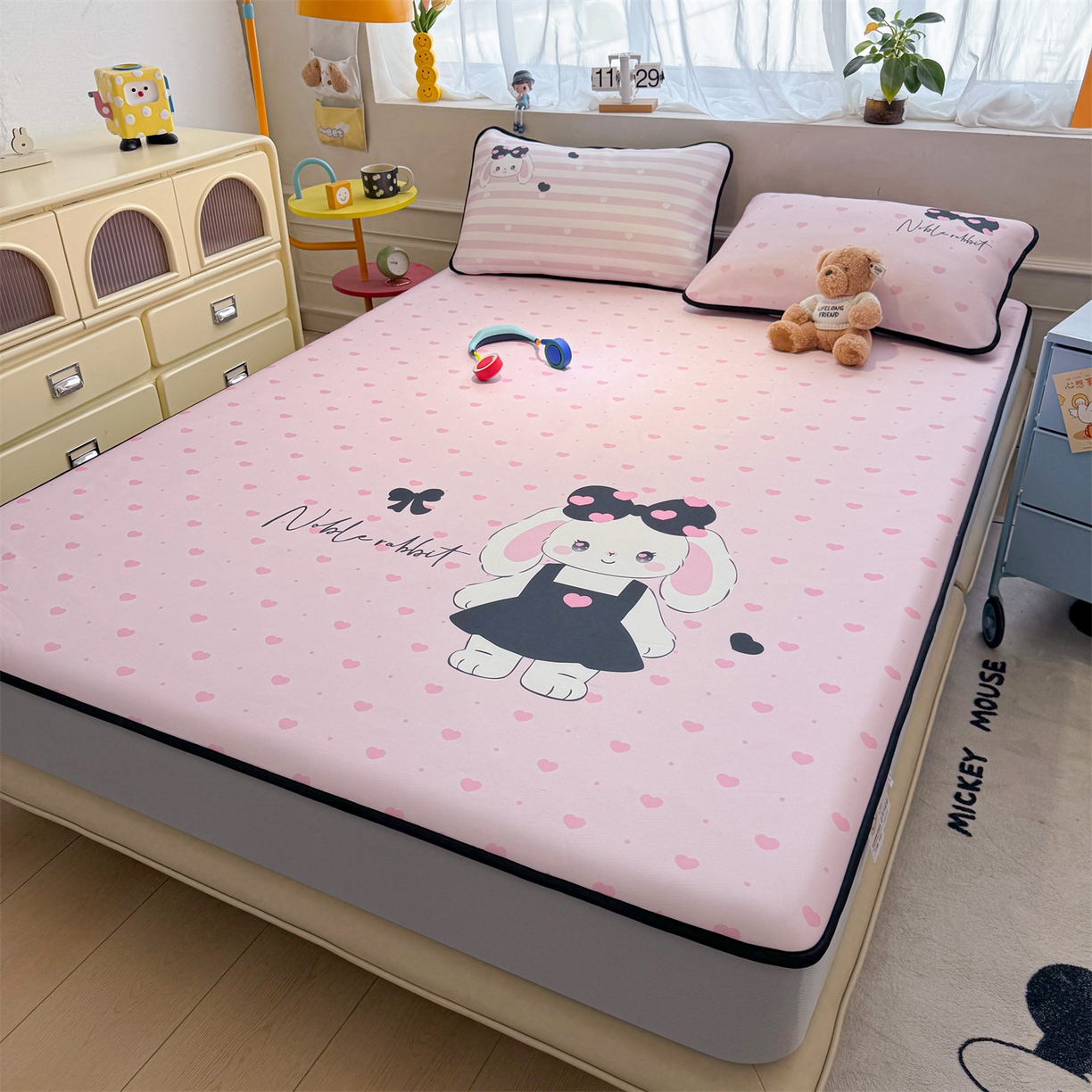 91家纺网 家纺一手货源 找家纺 雯豆家纺 【10A抗菌包检测】2026新款小冰皮床笠大版卡通床笠夏季凉感床笠软席子 小冰皮床笠-安妮兔