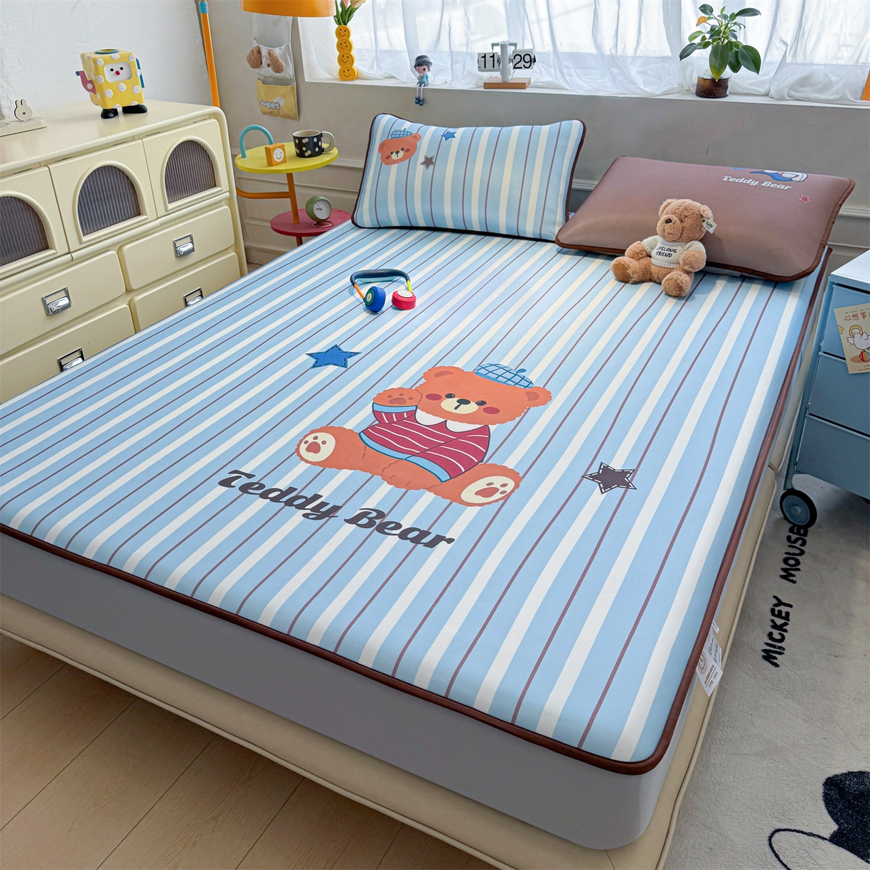 91家纺网 家纺一手货源 找家纺 雯豆家纺 【10A抗菌包检测】2026新款小冰皮床笠大版卡通床笠夏季凉感床笠软席子 小冰皮床笠-泰迪熊